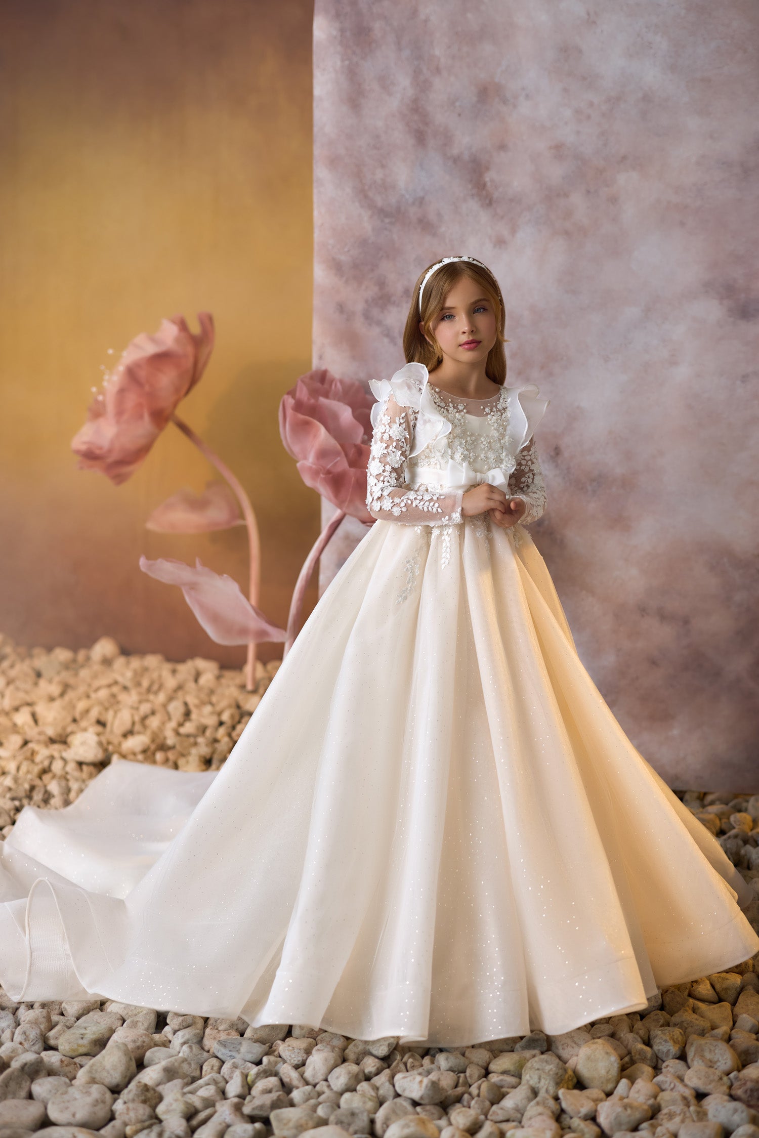 Ball Gown Modest Prom Formal Dresses Junior Dresses With Sleeves Stainless  Steel Appliqued Jewel First Communion