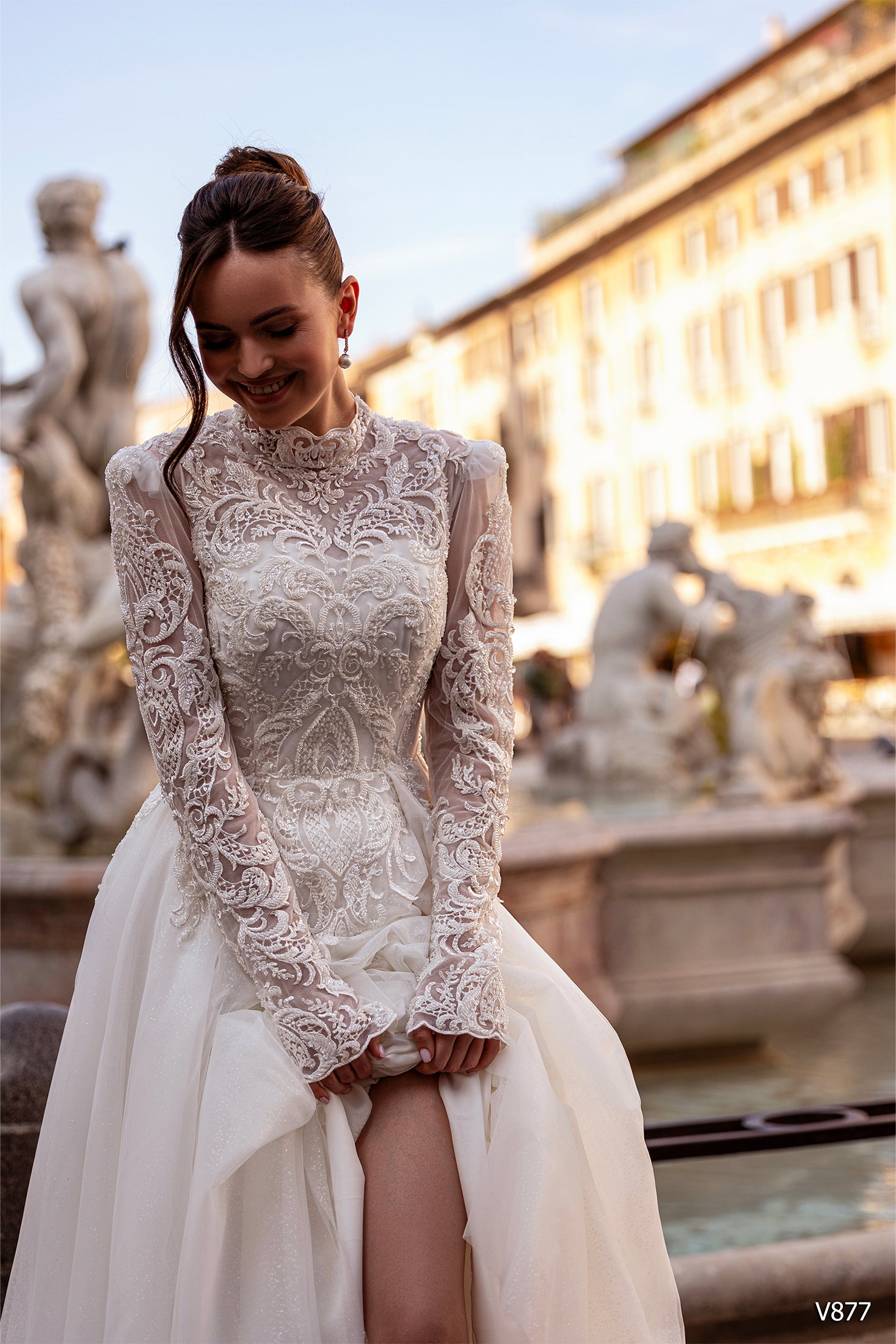Elegant Classy Wedding Dress with Long-Sleeve Heavy Lace Bodice and A-Line Silhouette| Marelli exclusive 0 / Solid Ivory