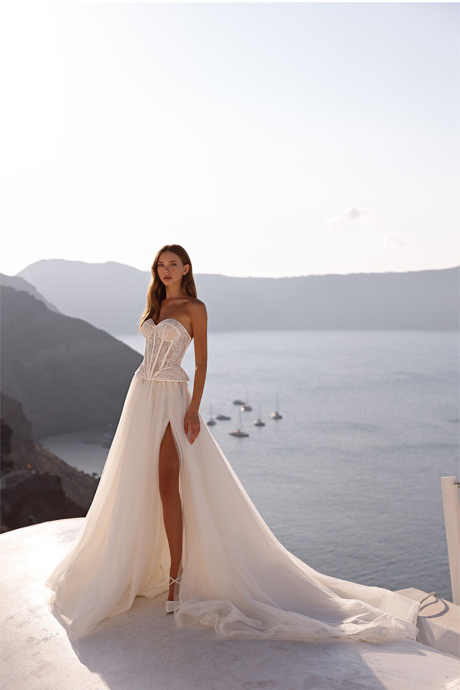 Lace Corset Wedding Dress with Flowing Skirt and Slit 6 / Solid Ivory