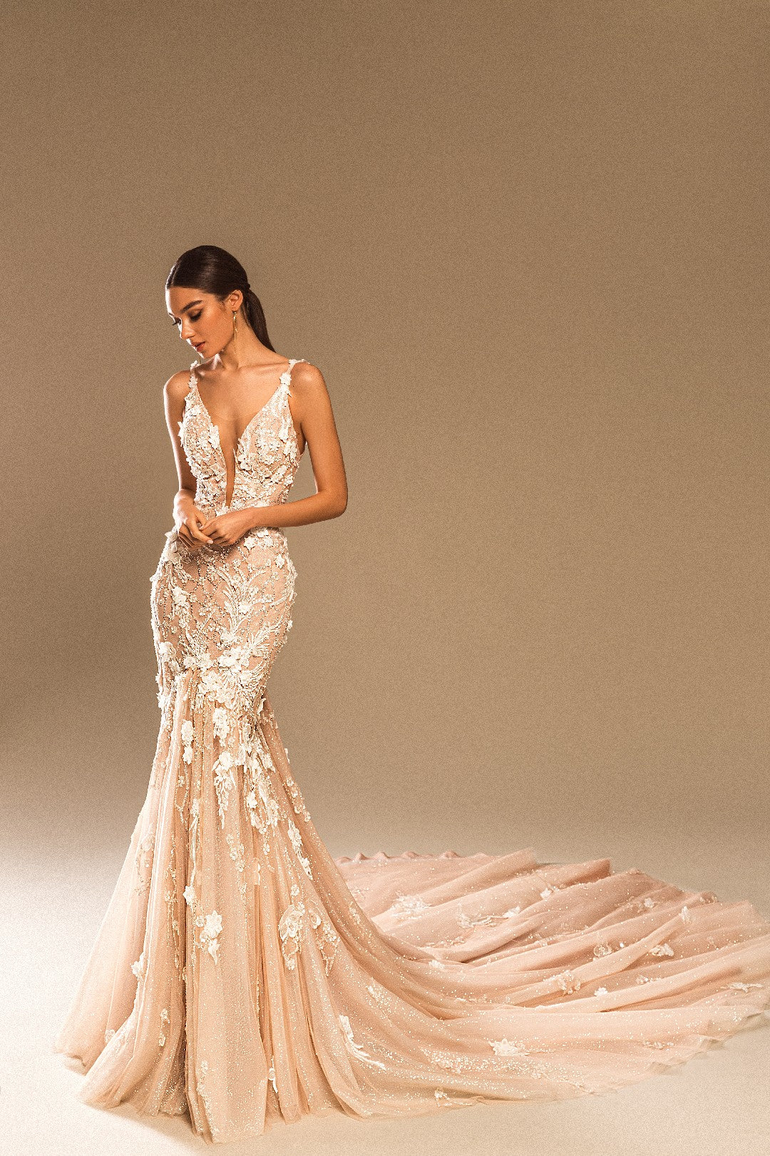 Wedding dress, low V-cut neckline, floral lace appliques, bodycon dress, mermaid skirt, long train 18 / Ivory Wedding dress, low V-cut neckline, floral lace appliques, bodycon dress, mermaid skirt, long train 18 / Ivory