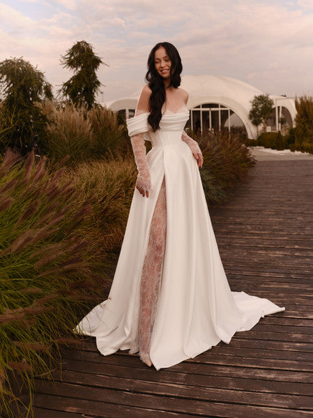 thml vittoria embroidered dress Azure Gown – A-line with Cold Shoulders & Lace Sleeves