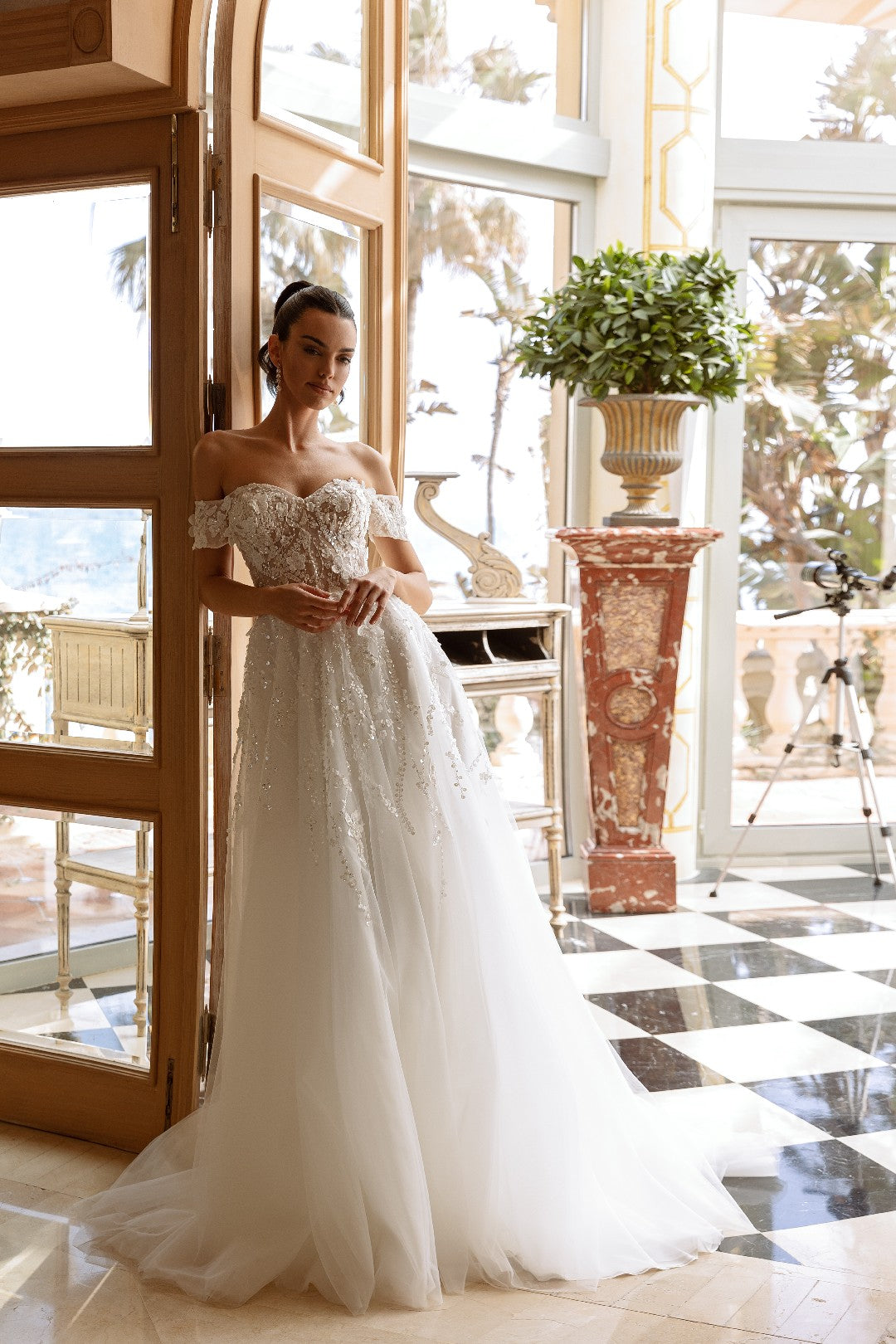Graceful Wedding Gown with Sheer Fabric and Delicate Floral Patterns | Off-the-Shoulder Sleeves | Regal Charm and Elegance