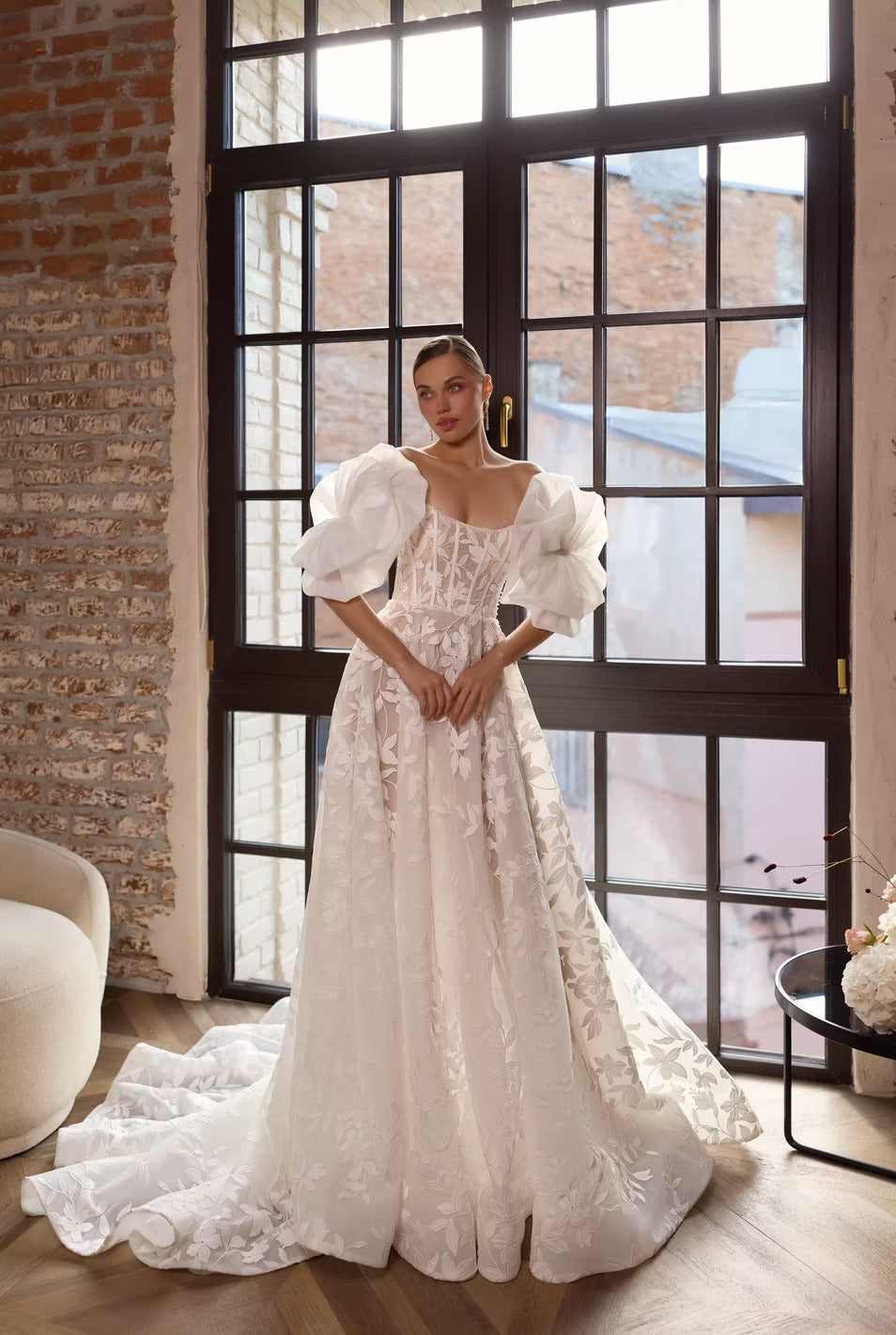 a line wedding dress with puff sleeves Helana by Vittoria Soltero | Floral Lace Strapless avo65_su30 Style:Feng He Line Wedding Dress is Cocktail Peplum Dress for