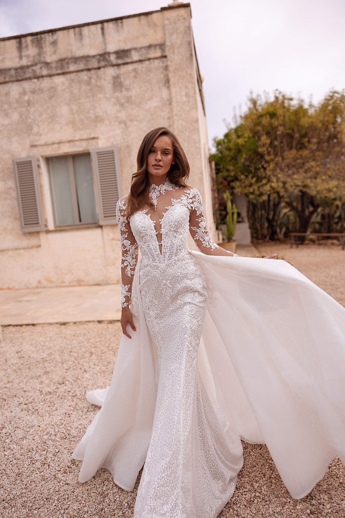 Lace Fitted Wedding Dress with Illusion Sleeves & Detachable Overskirt