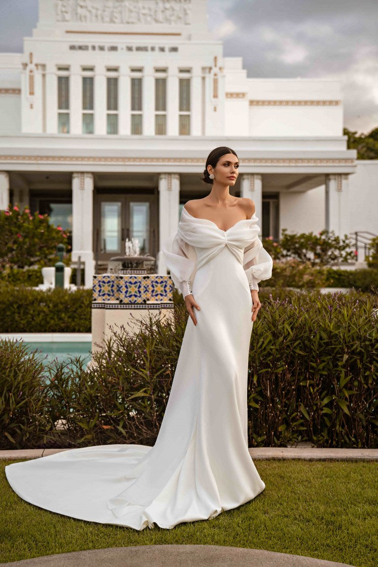 Extraordinary Wedding Dress with Detachable Sleeves and Plume - Style and Sophistication