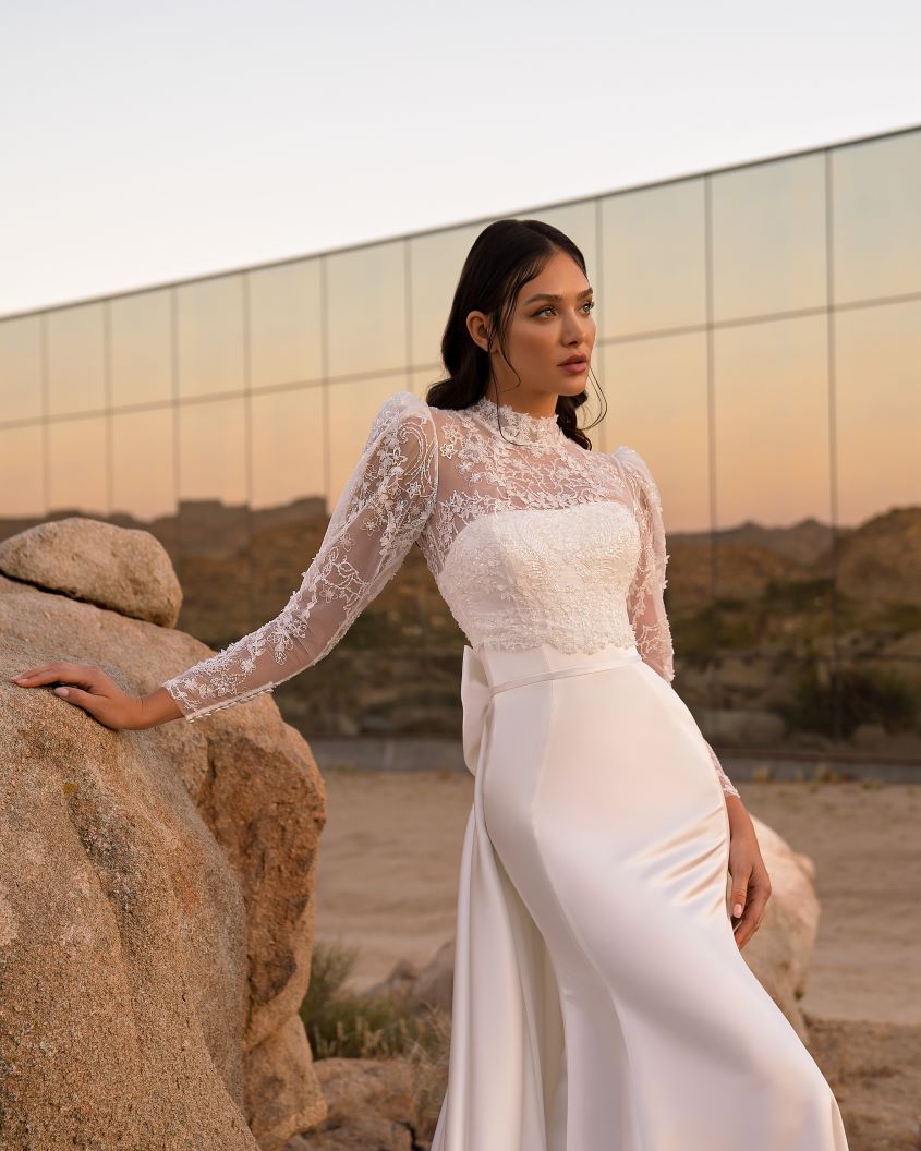 Minimalist Satin Wedding Set with Detachable Bolero and Train | MARELLI Exclusive 10 / Ivory / Topper (+$180), image size:845x1056