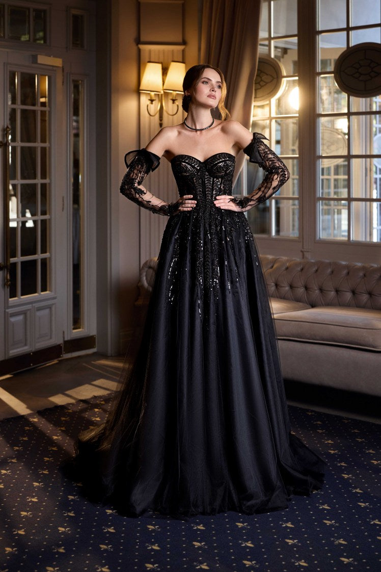 corset evening dress Elegant Off-the-Shoulder with Detachable Sleeves| Marelli Exclusive 6 / Gray / Short Color:Veiled Rose Disney Outfit Fashion Design Sketch Process Full Length Sleeve Style