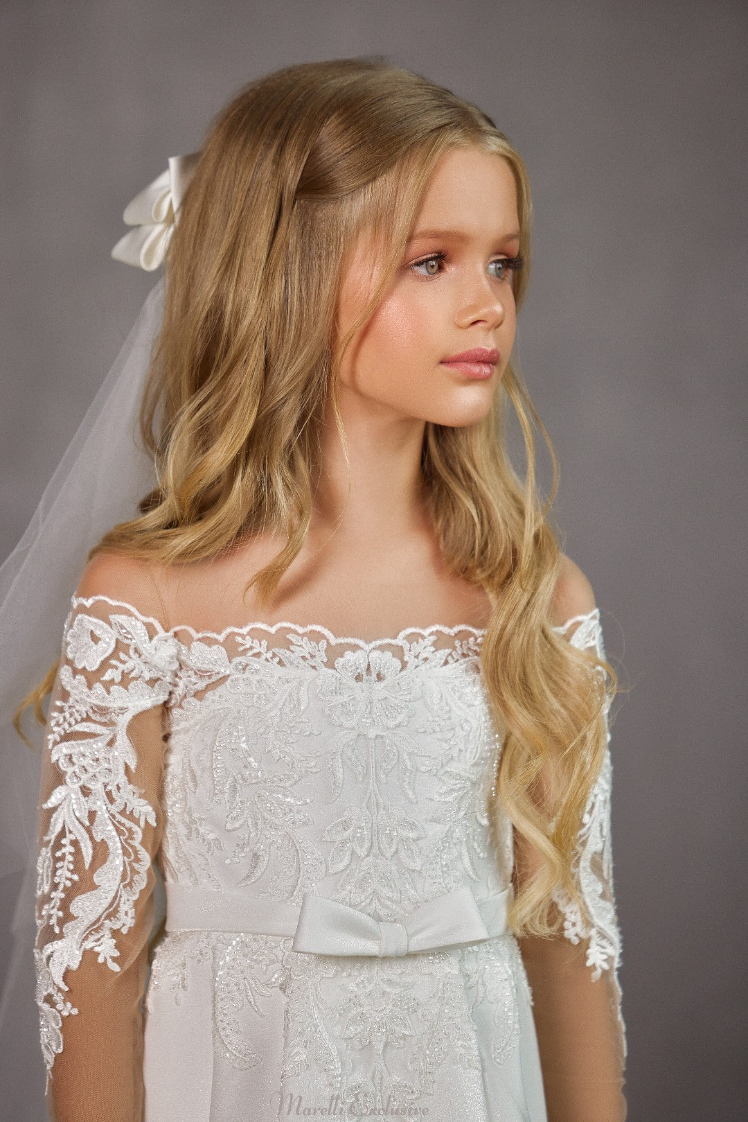 off the shoulder communion dress Pentelei 3506 Off-the-Shoulder Dress with Floral Lace and Pearls