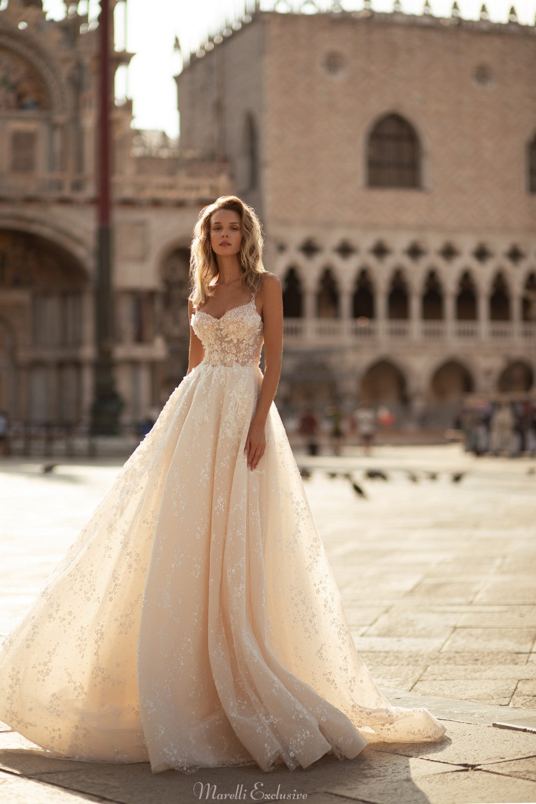 Captivating Wedding Dress with Sheer Fabric and Sparkling Jewels 0 / Ivory/Cappuccino (as pictured)