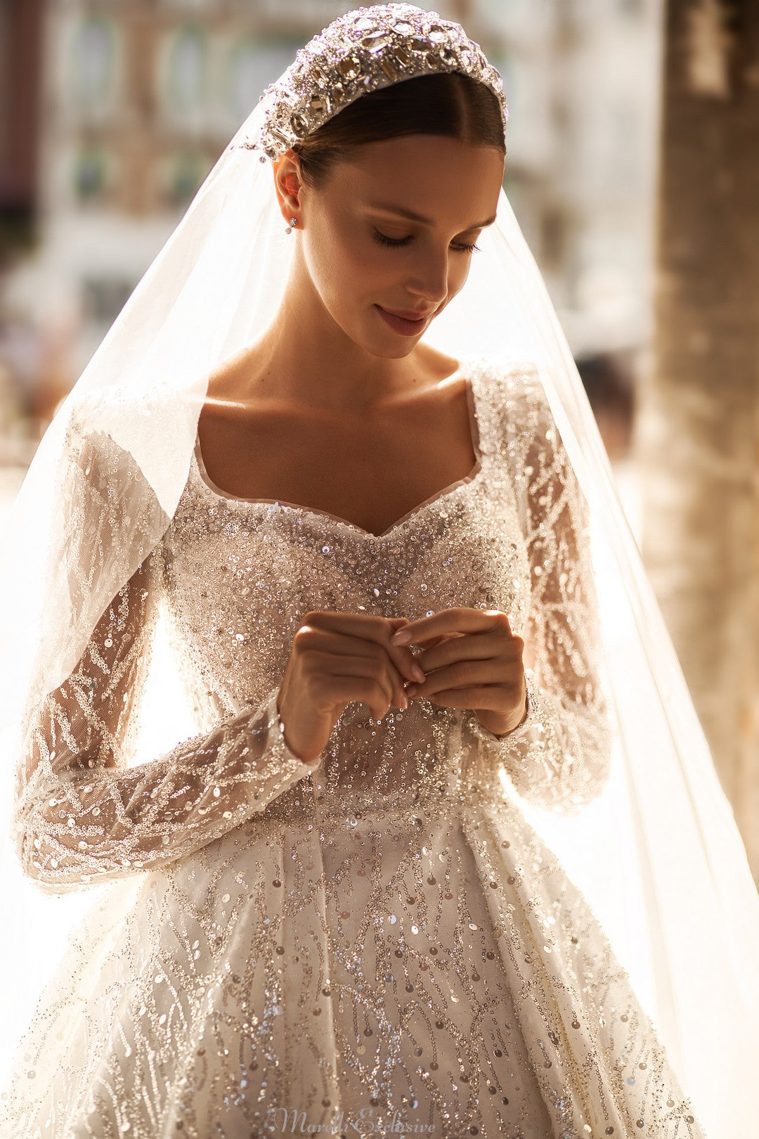 sheer ball gown wedding dress FLORAL APPLIQUED STRAPLESS WEDDING BALL GOWN WITH REMOVABLE PUFF SLEEVE/GLOVES WL032 OFF White / 10