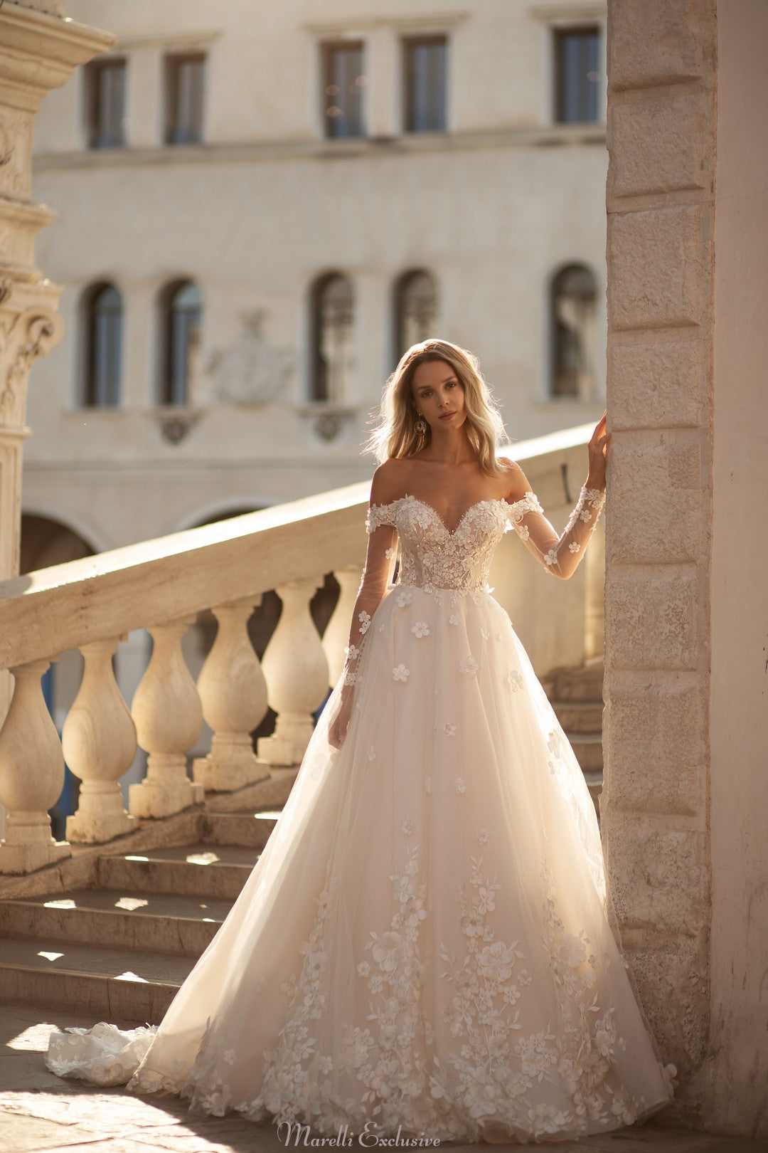 Elegant A-line Wedding Dress with Crystal and Lace Details Marelli Exclusive Elegant A-line Wedding Dress with Crystal and Lace Details Marelli Exclusive