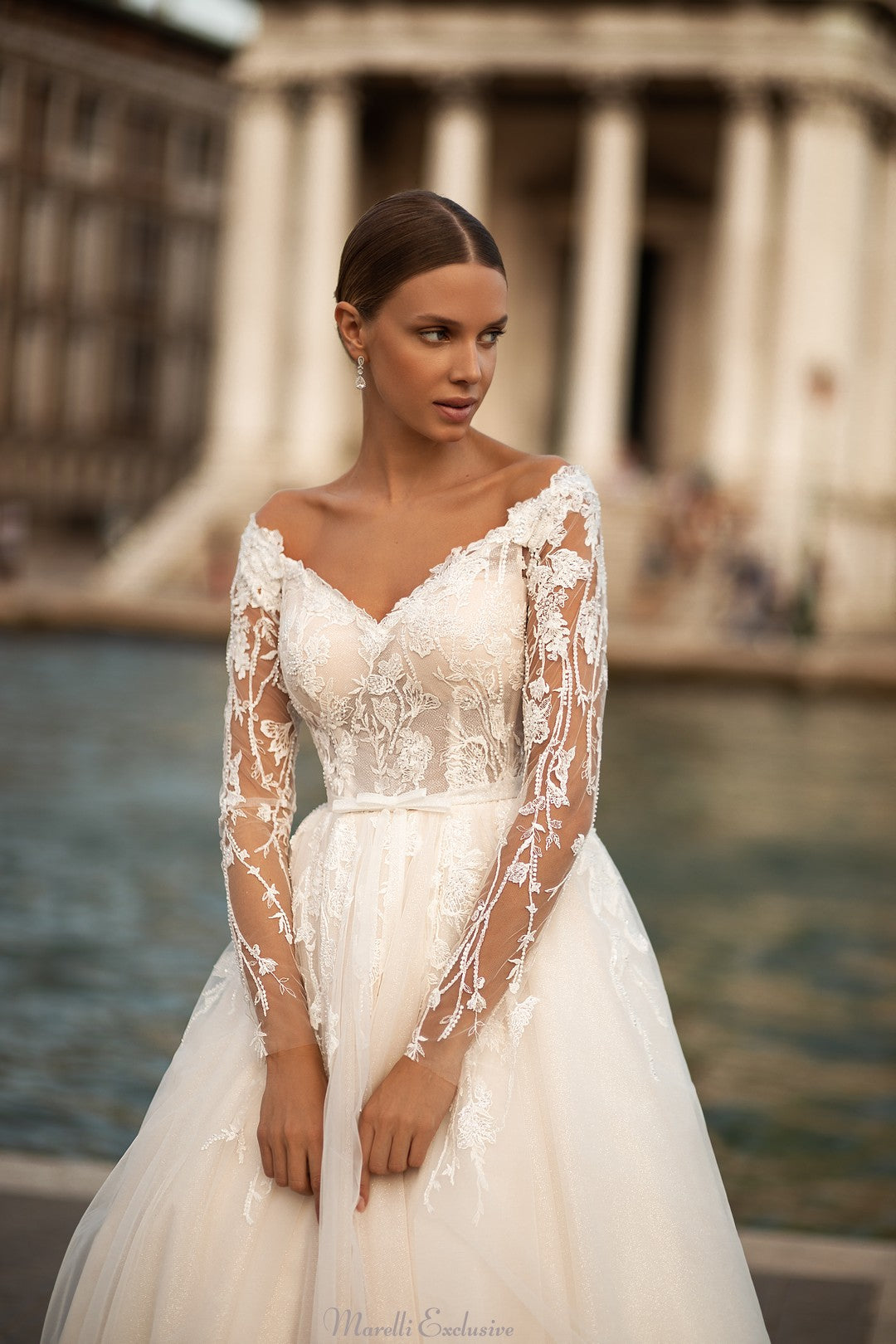wedding dress v neck a line Graceful V-Neck A-Line Wedding Dress with Enchanting Off-the-Shoulder Sleeves 0 / Solid Ivory