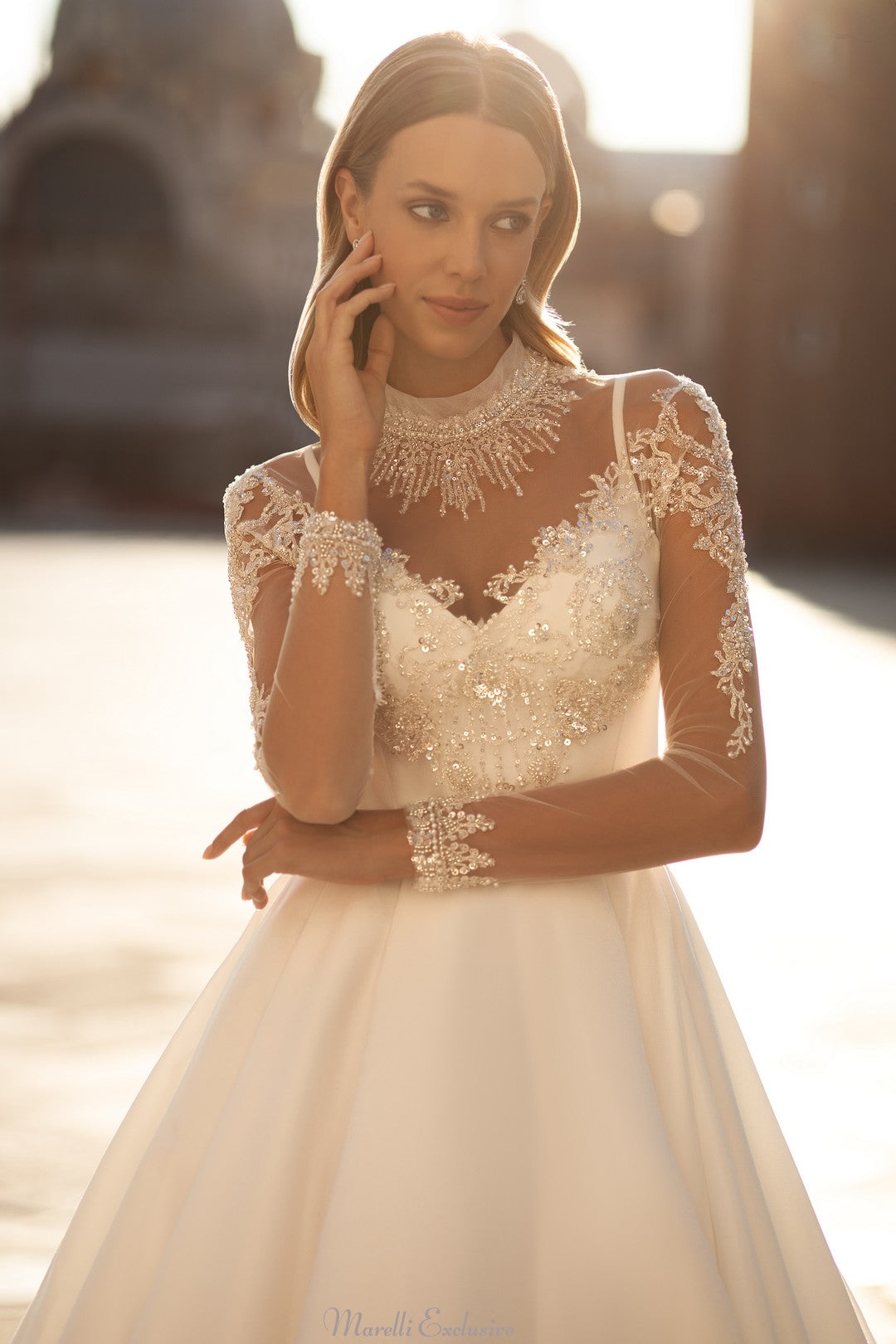 Elegant Satin Wedding Dress with Sheer Long Sleeves and Crystal Accents 14 / Solid Ivory Elegant Satin Wedding Dress with Sheer Long Sleeves and Crystal Accents 14 / Solid Ivory