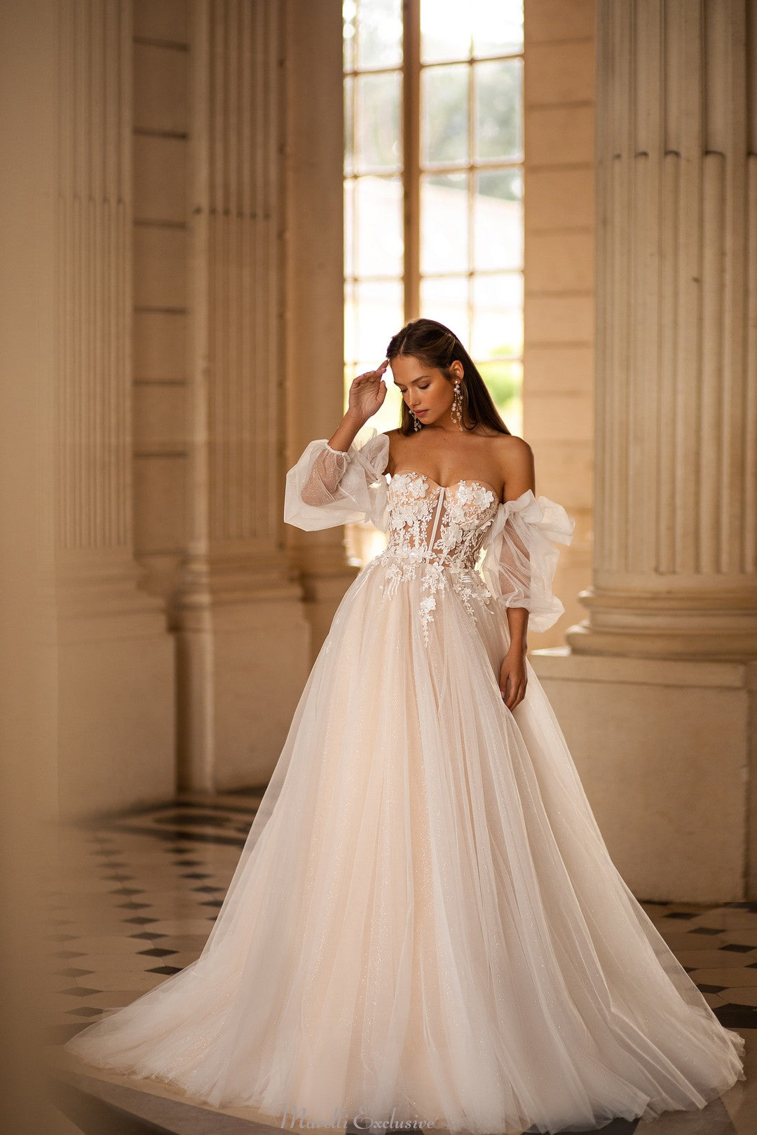 Ethereal Beauty: Transparent Heart Corset Wedding Dress with Shiny Tulle Sleeves and Lush Skirt 18 / Nude Ethereal Beauty: Transparent Heart Corset Wedding Dress with Shiny Tulle Sleeves and Lush Skirt 18 / Nude