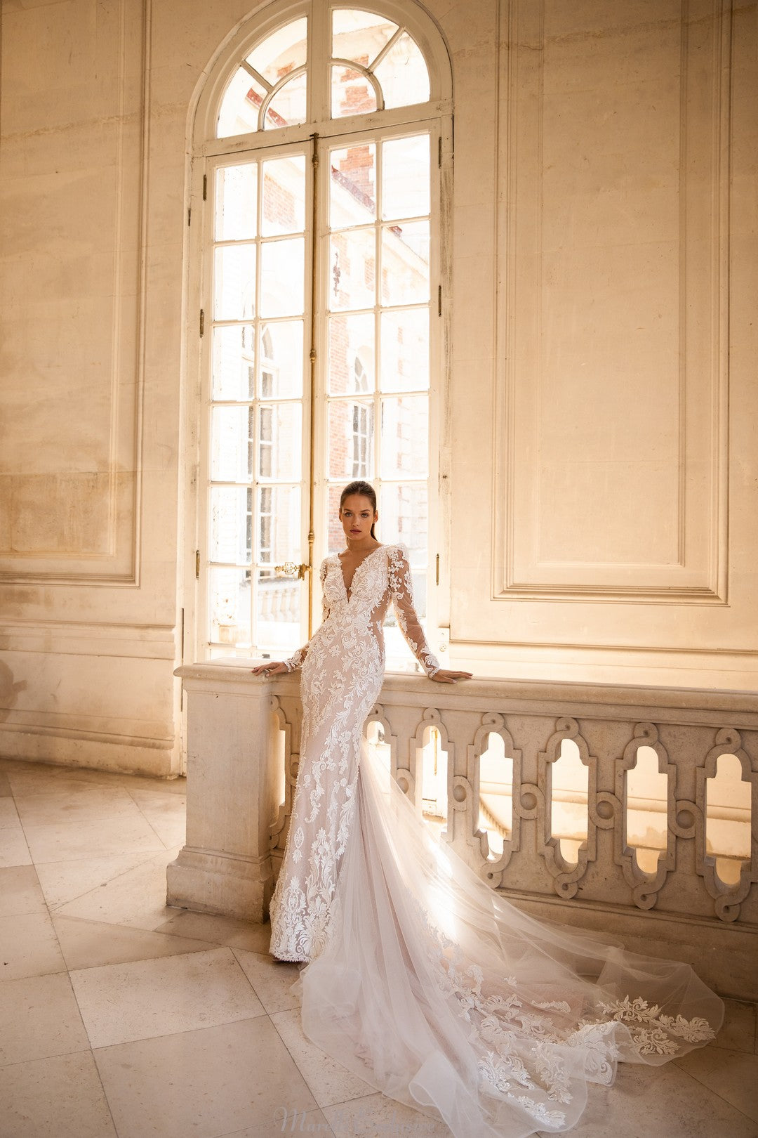 Timeless Elegance: Deep V-Neck Mermaid Wedding Dress with Luxurious Long Train 16 / Nude