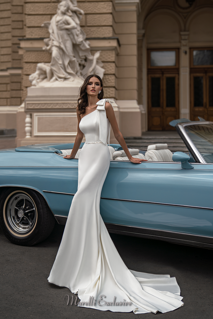 Asymmetrical Wedding Dress, Double Bow, Mermaid, Godet, Long Train 6 / White