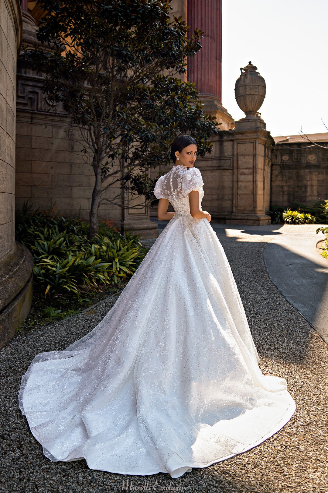 open lace back dress Luxurious Princess Style Wedding Dress with Long Train | Flirtatious Puffed Sleeves | Stand-Up Collar