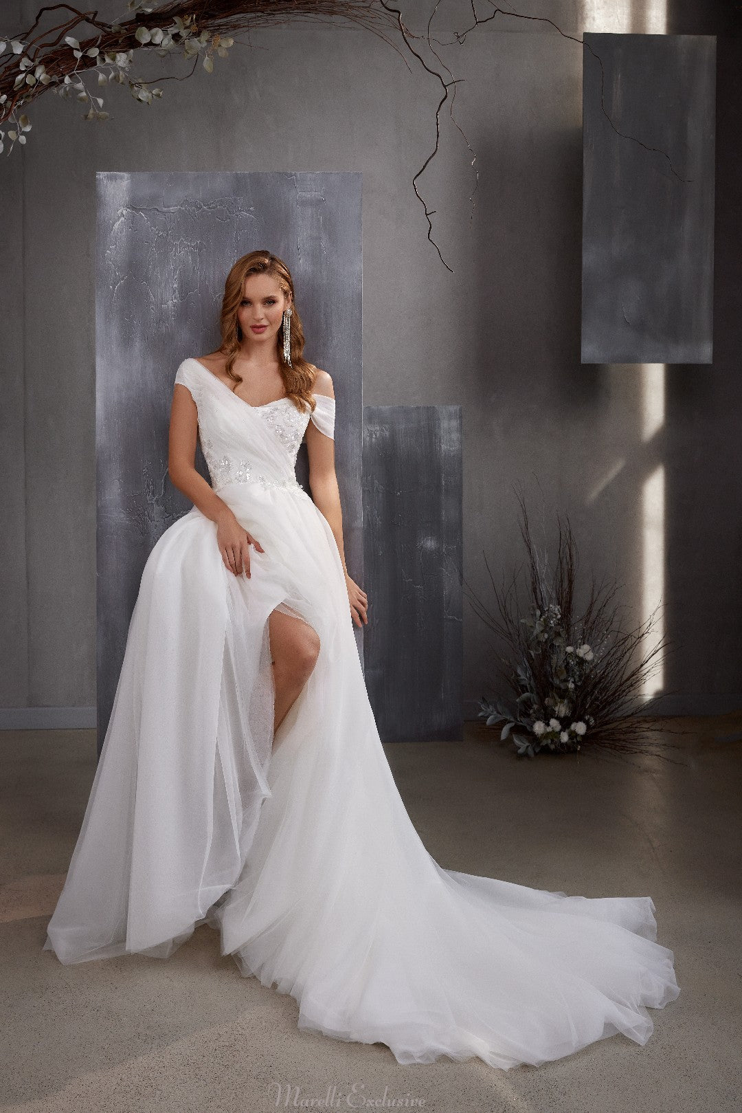 Exquisite designed wedding dress with asymmetrical yoke and a train 12 / Ivory