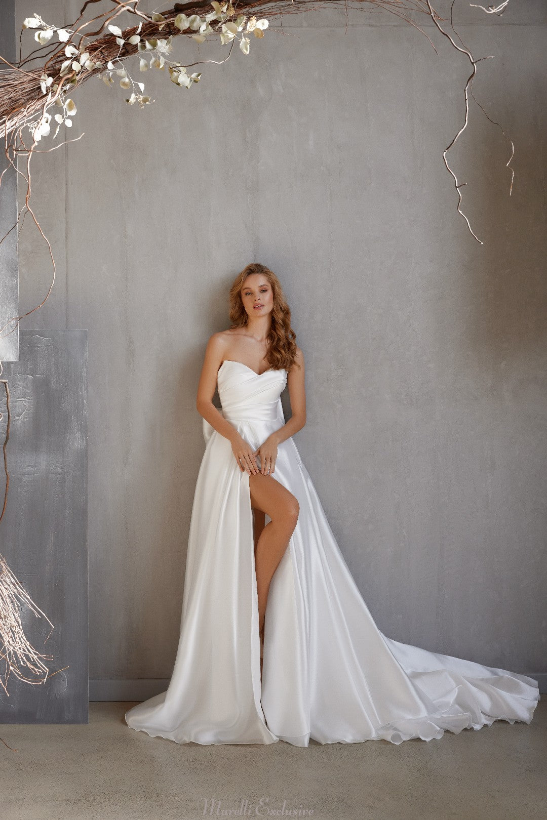 Luxurious Satin Wedding Dress with Majestic Train and Seductive Slit 10 / Ivory