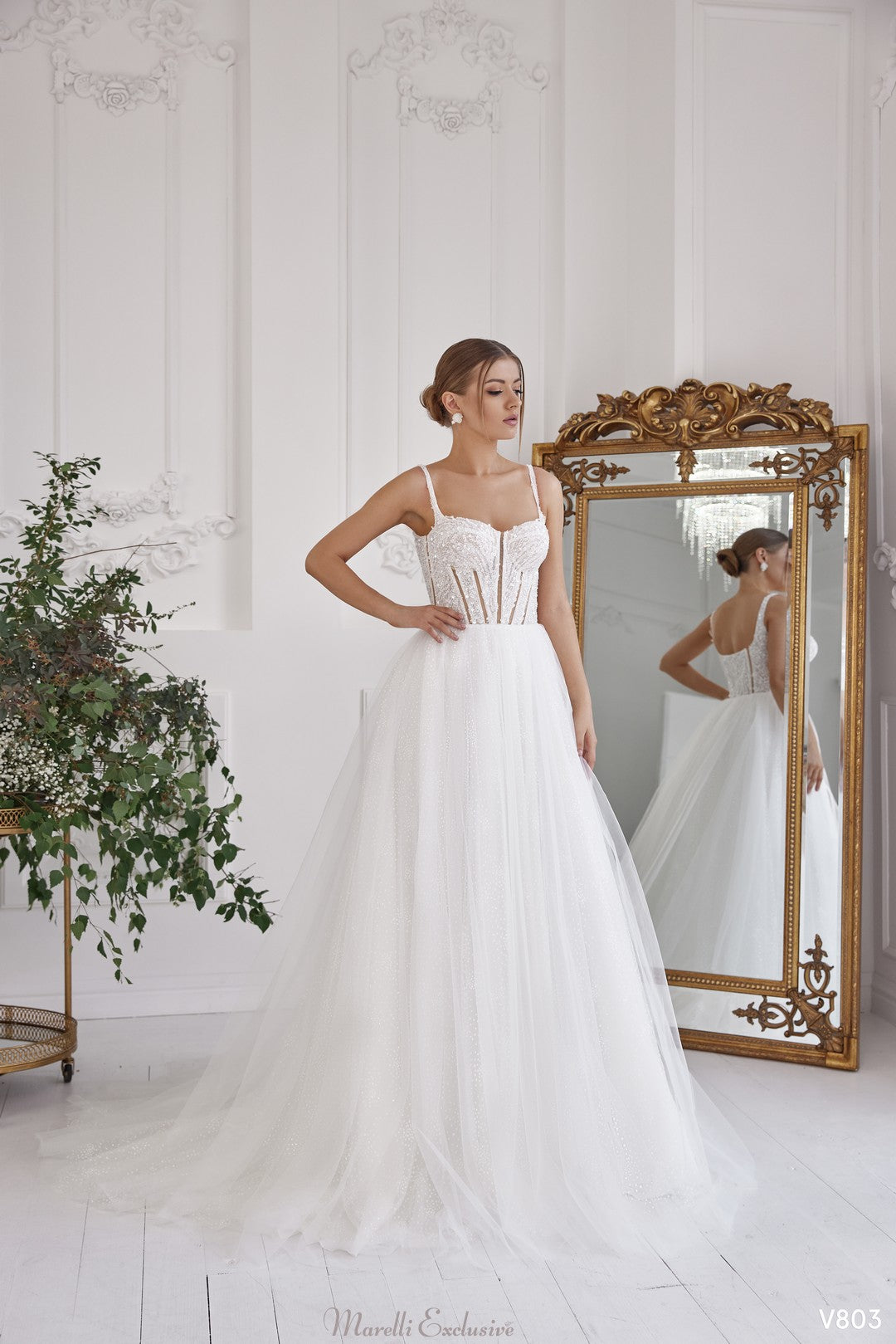 Graceful Sheer Layers A-Line Wedding Dress with Jeweled Bodice | Marelli Exclusive Graceful Sheer Layers A-Line Wedding Dress with Jeweled Bodice | Marelli Exclusive