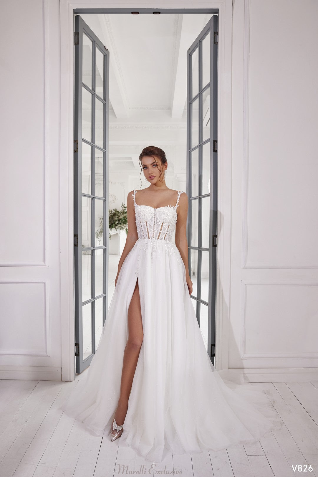 Neat A-Line Wedding Dress with Sheer Layers and Lace Bodice | Marelli Exclusive 18 / Ivory Neat A-Line Wedding Dress with Sheer Layers and Lace Bodice | Marelli Exclusive 18 / Ivory