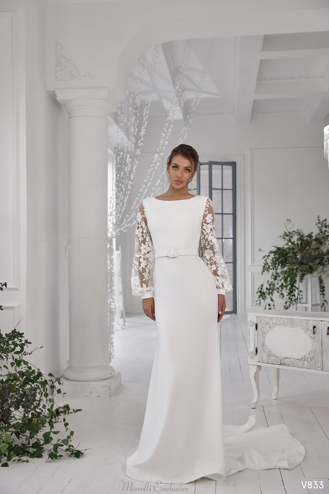 Elegant Column Wedding Dress with Floral Lace Sleeves | Marelli Exclusive 16 / Ivory Elegant Column Wedding Dress with Floral Lace Sleeves | Marelli Exclusive 16 / Ivory