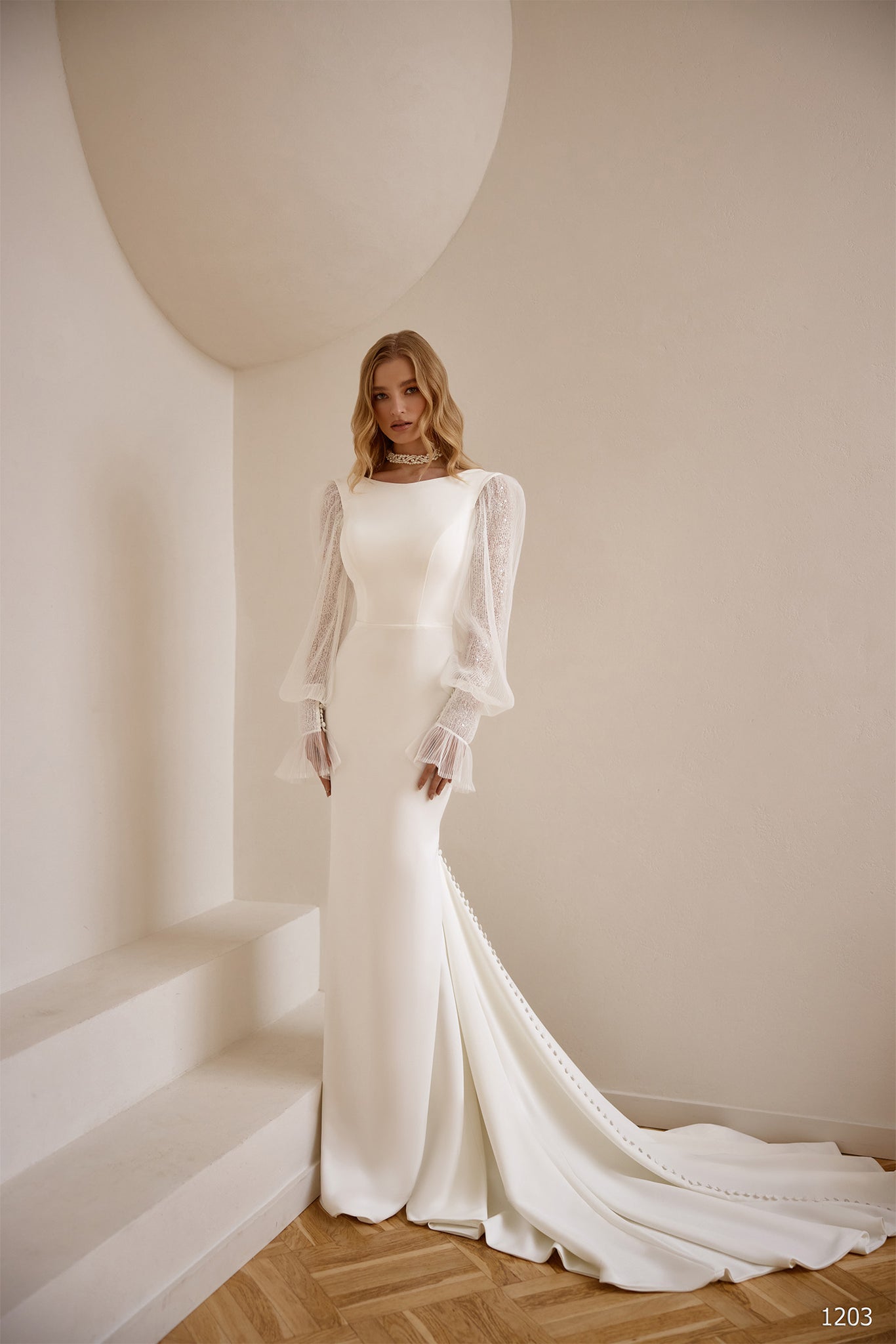 Modern Wedding Dress with Sheer Bishop Sleeves | Marelli Exclusive 12 / Solid ivory Modern Wedding Dress with Sheer Bishop Sleeves | Marelli Exclusive 12 / Solid ivory