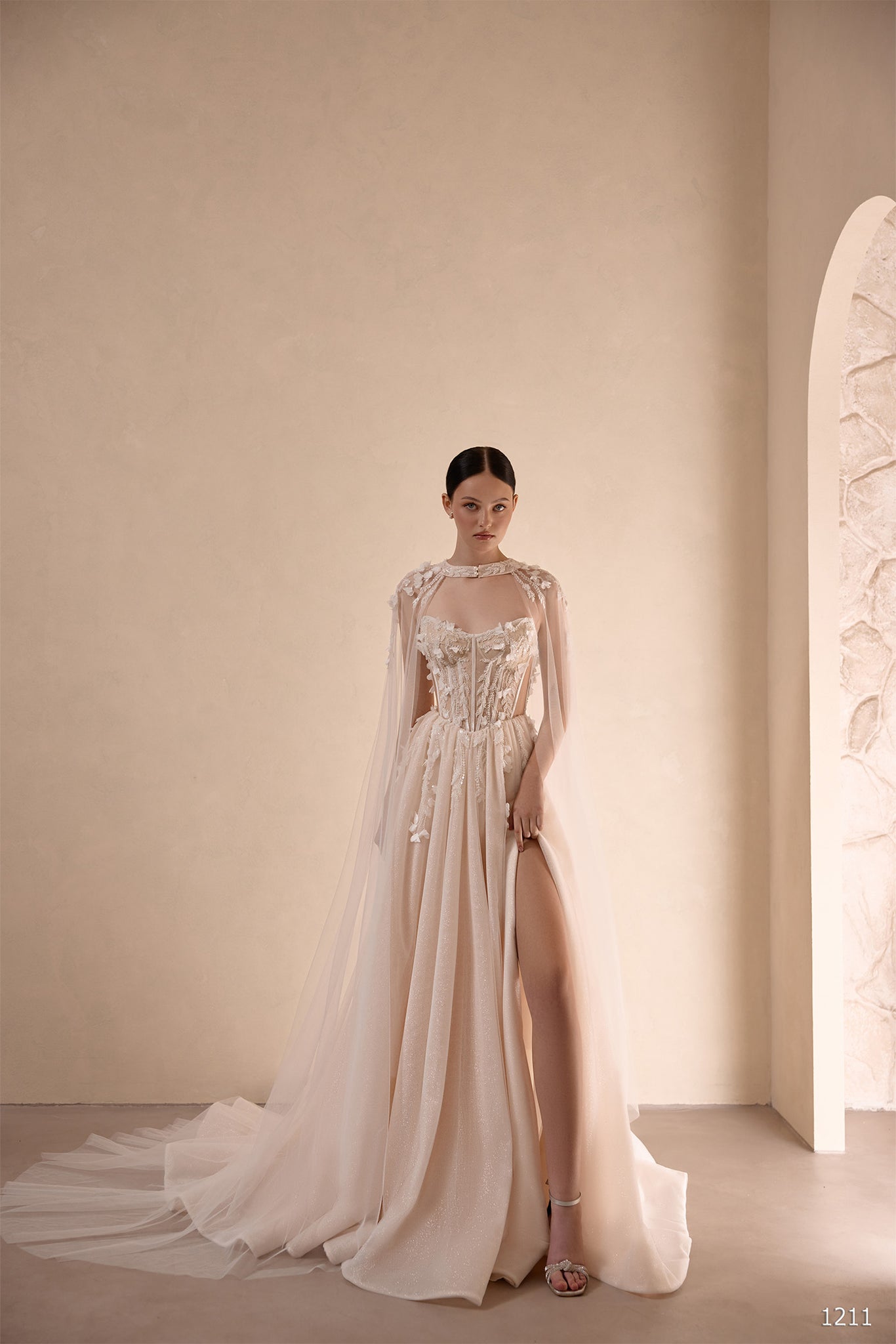 Corset Wedding Gown with Sheer Cape and High Slit | Marelli exclusive 12 / Solid Ivory Corset Wedding Gown with Sheer Cape and High Slit | Marelli exclusive 12 / Solid Ivory