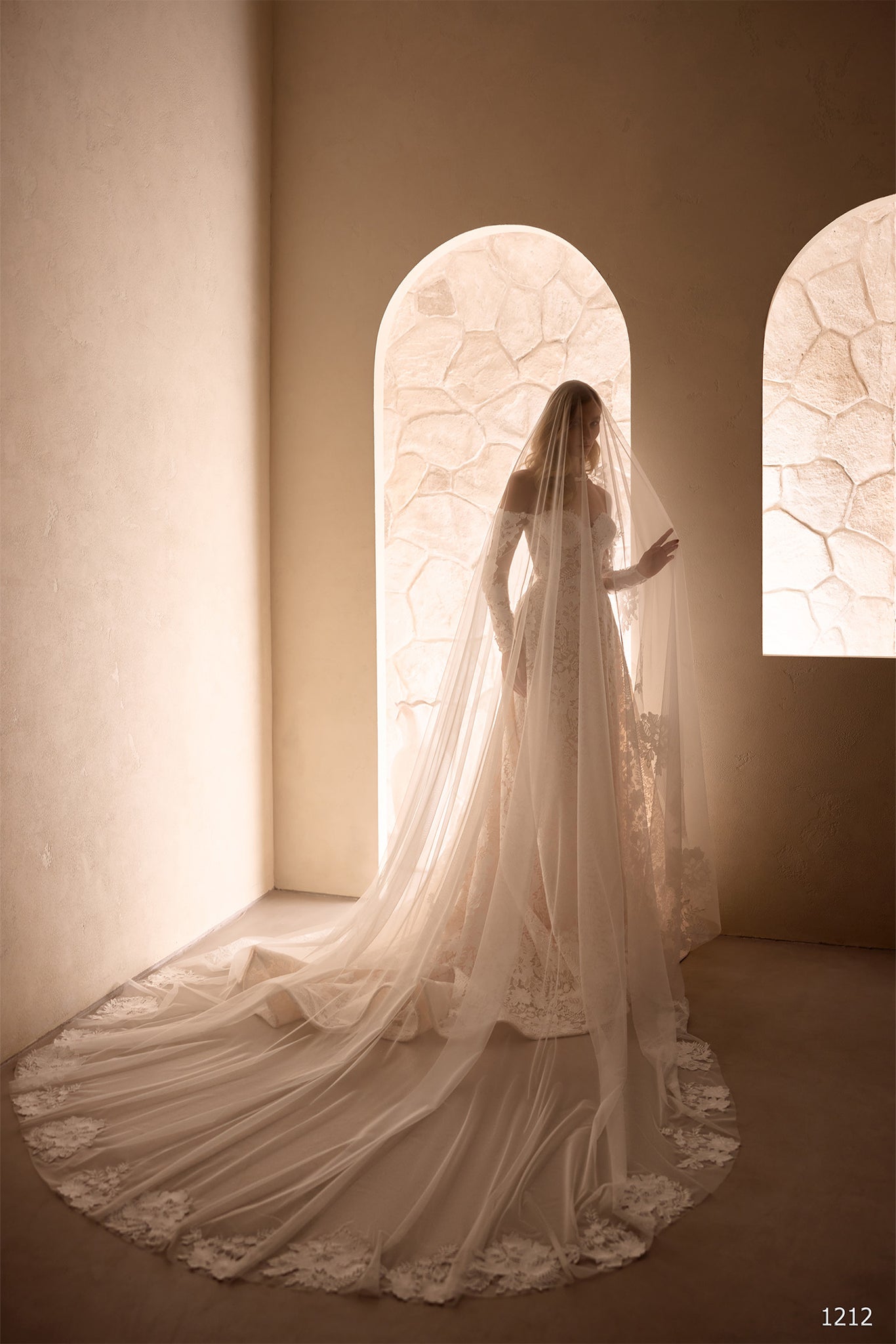 Off-the-Shoulder Lace Wedding Gown with Cathedral Veil | Marelli Exclusive 16 / Solid ivory Off-the-Shoulder Lace Wedding Gown with Cathedral Veil | Marelli Exclusive 16 / Solid ivory