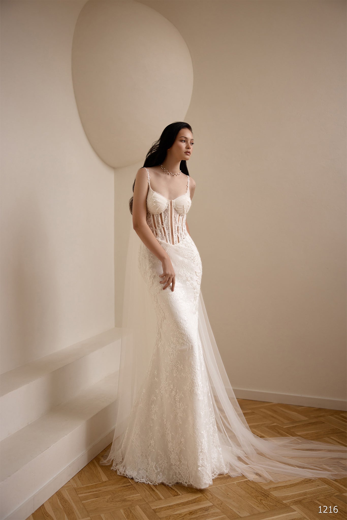 Elegant Fitted Wedding Dress with Sheer Corset & Lace Details | Marelli exclusive 10 / Ivory Elegant Fitted Wedding Dress with Sheer Corset & Lace Details | Marelli exclusive 10 / Ivory
