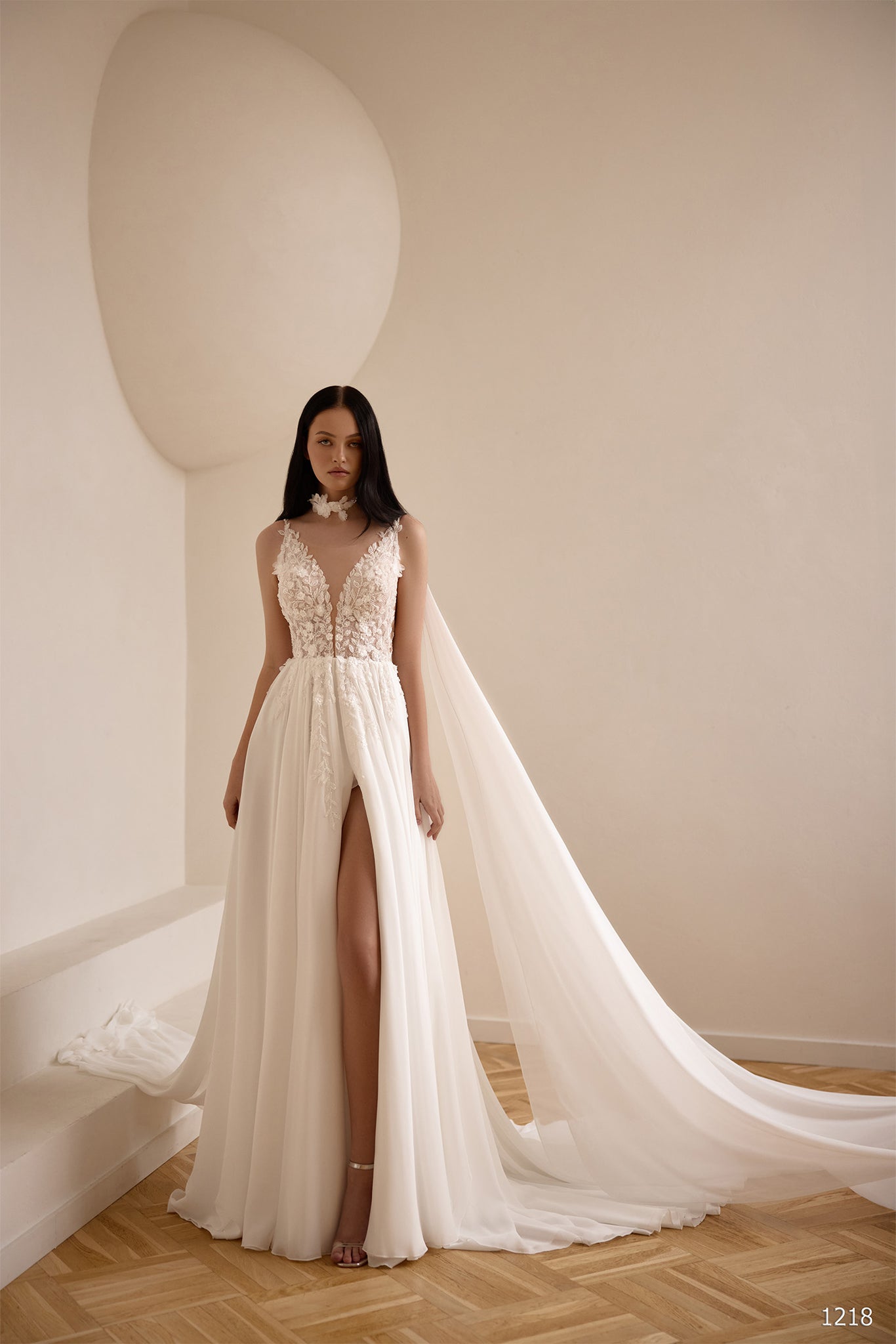 Ethereal A-Line Wedding Dress with Floral Details & Shoulder Drapes | Marelli Exclusive 6 / Ivory Ethereal A-Line Wedding Dress with Floral Details & Shoulder Drapes | Marelli Exclusive 6 / Ivory