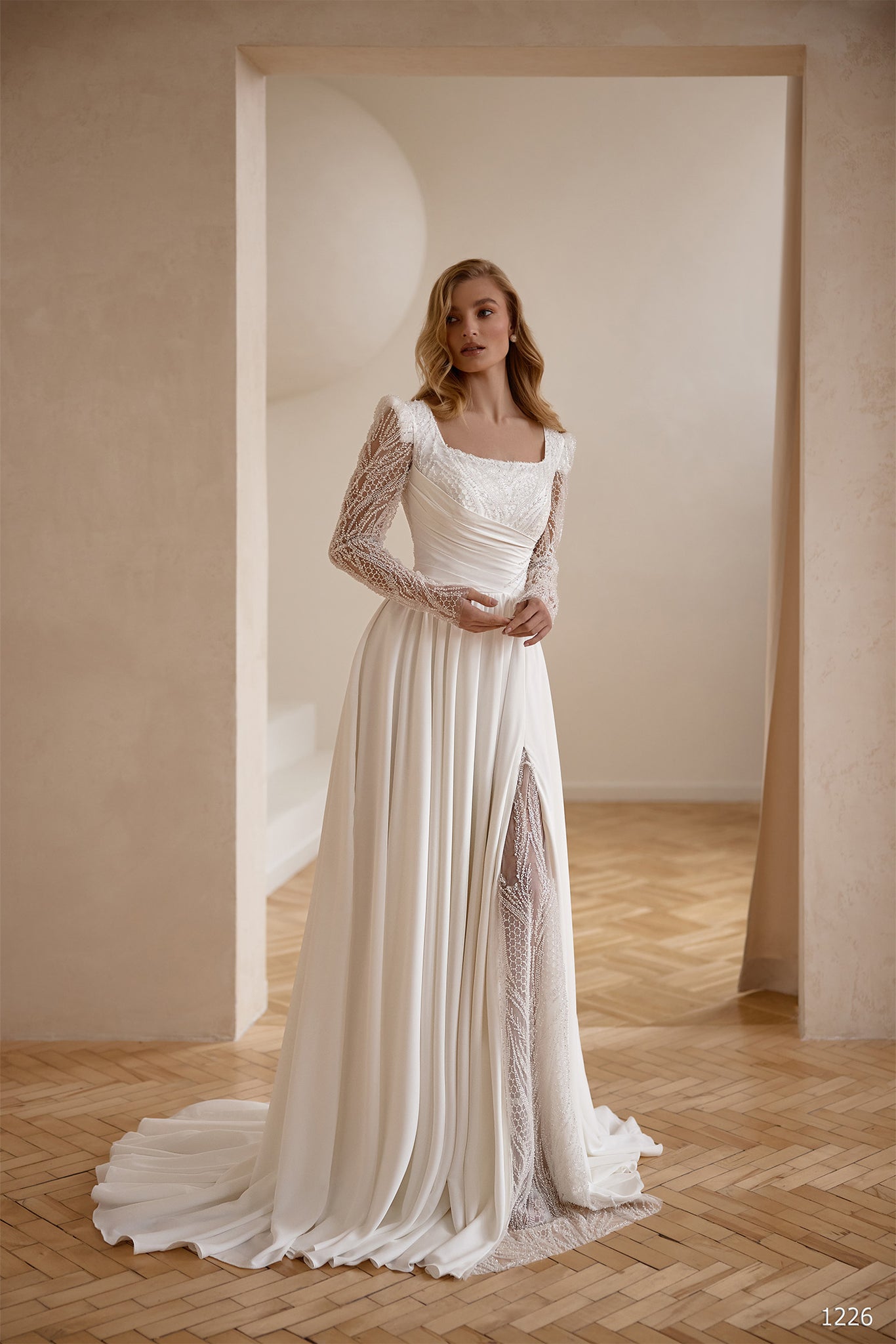 Elegant Long Sleeve Wedding Dress with Beaded Lace