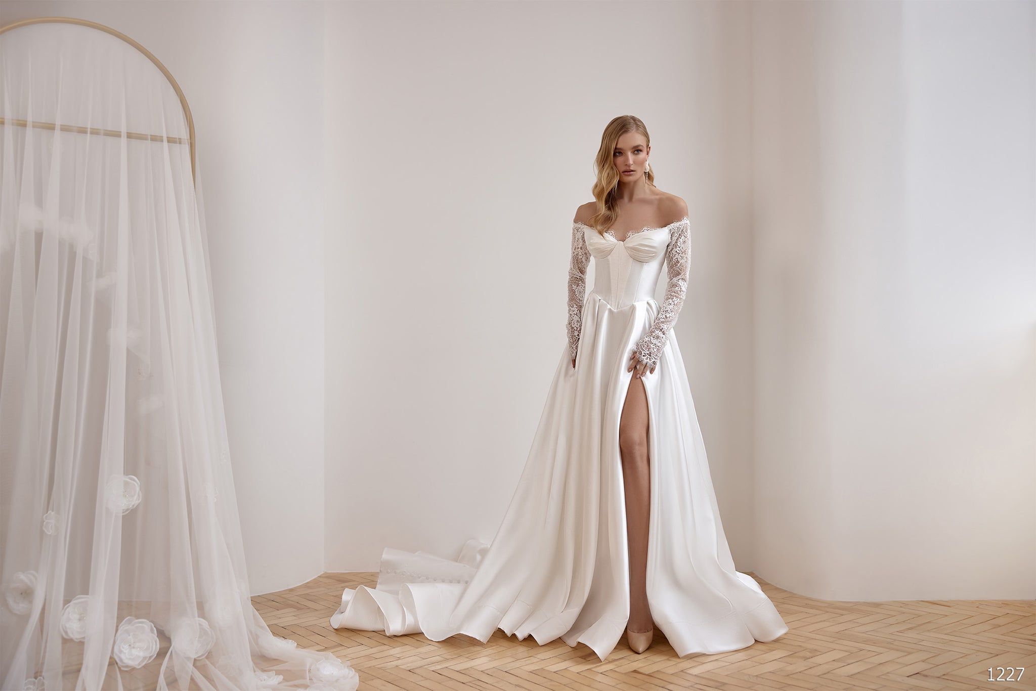 Off-the-Shoulder Wedding Dress with Lace Sleeves | Marelli Exclusive Off-the-Shoulder Wedding Dress with Lace Sleeves | Marelli Exclusive