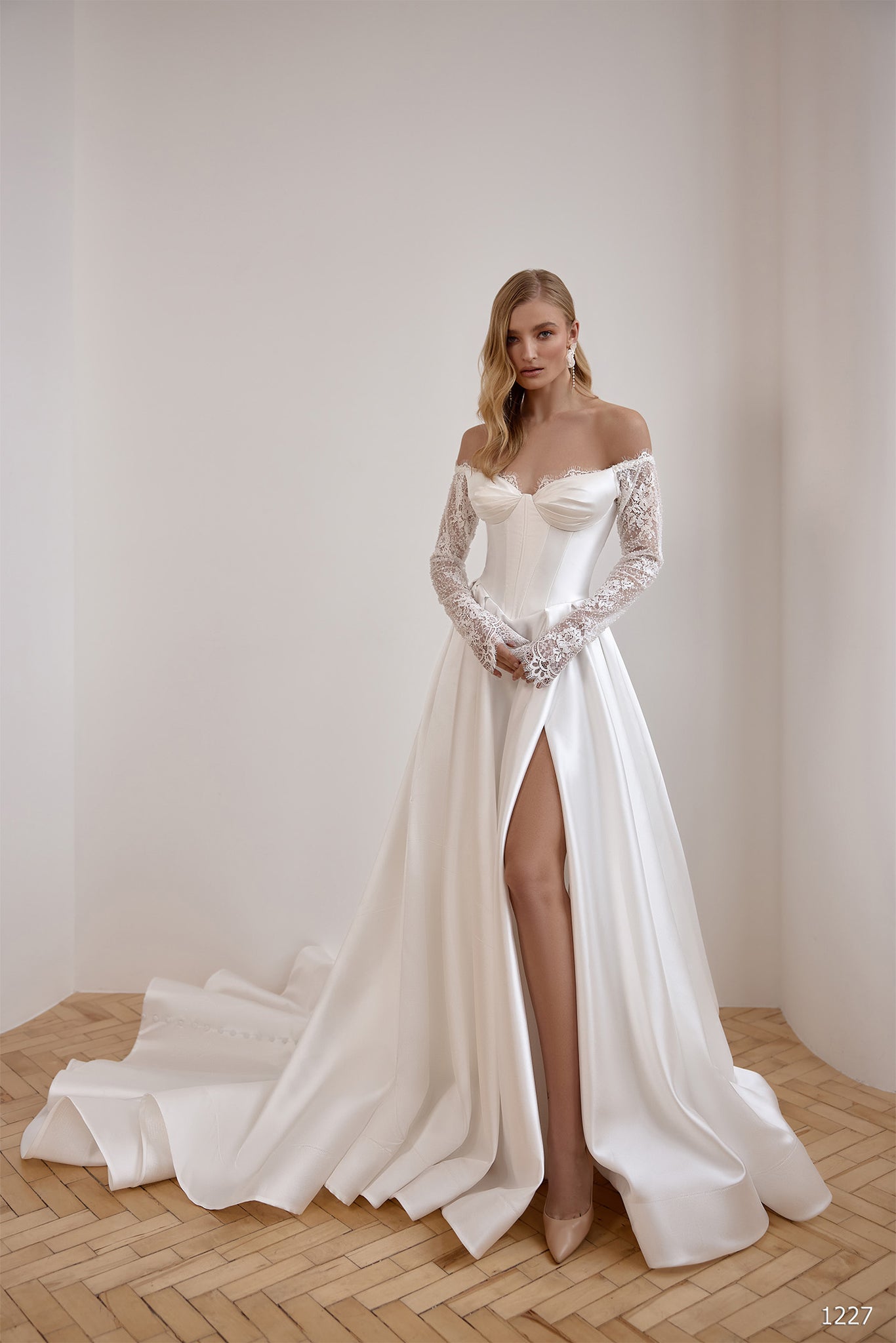 Off-the-Shoulder Wedding Dress with Lace Sleeves | Marelli Exclusive Off-the-Shoulder Wedding Dress with Lace Sleeves | Marelli Exclusive