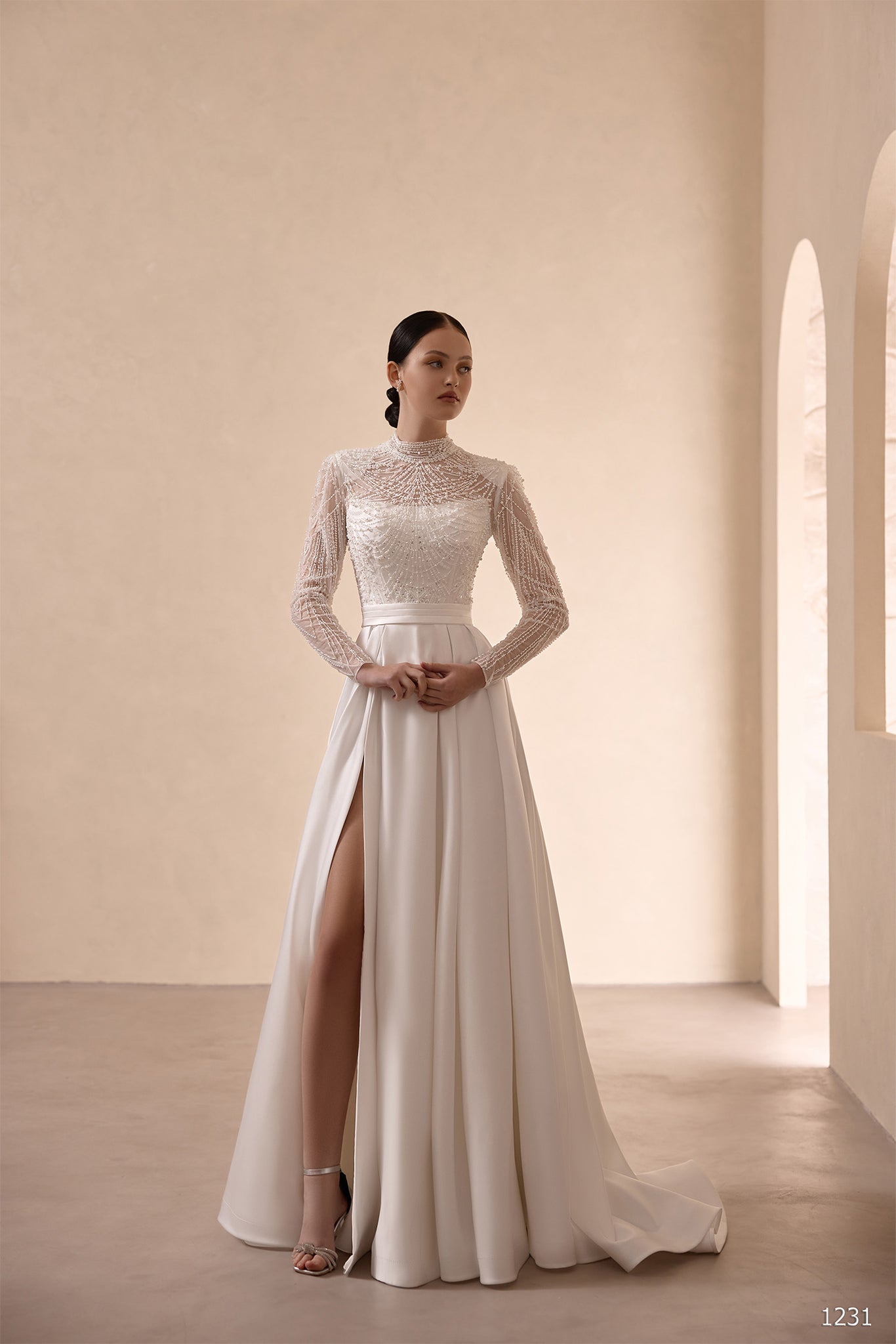 High-Neck Beaded Wedding Dress with Sheer Sleeves | Marelli Exclusive 10 / As pictured High-Neck Beaded Wedding Dress with Sheer Sleeves | Marelli Exclusive 10 / As pictured