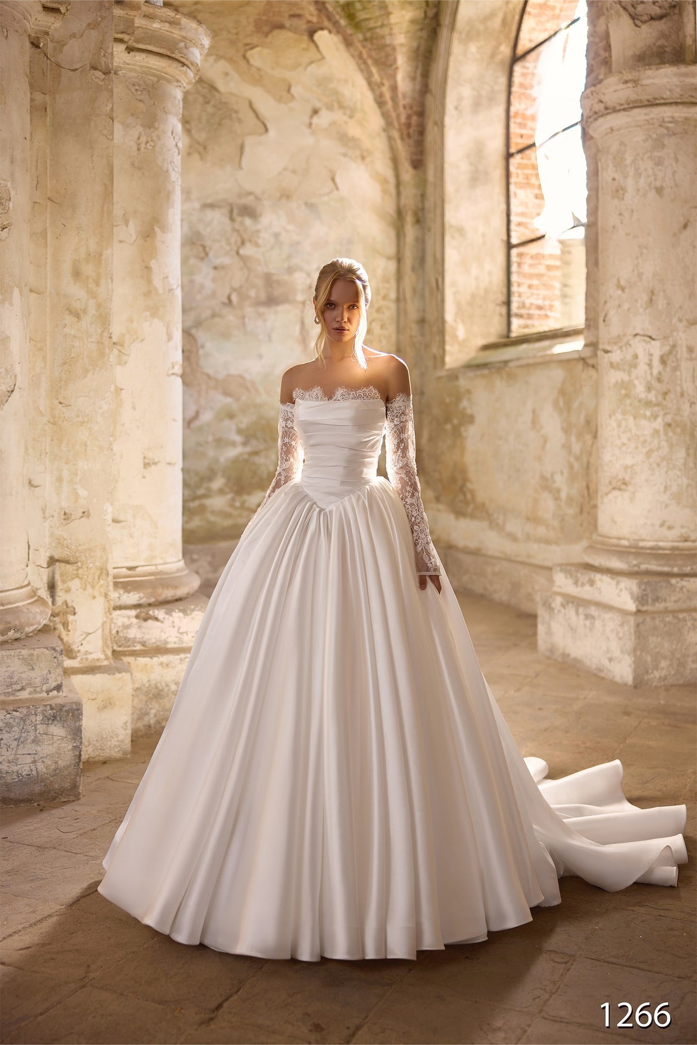satin off the shoulder ball gown wedding dress Vissaria V1266 Satin Off-the-Shoulder Ball Gown Wedding Dress