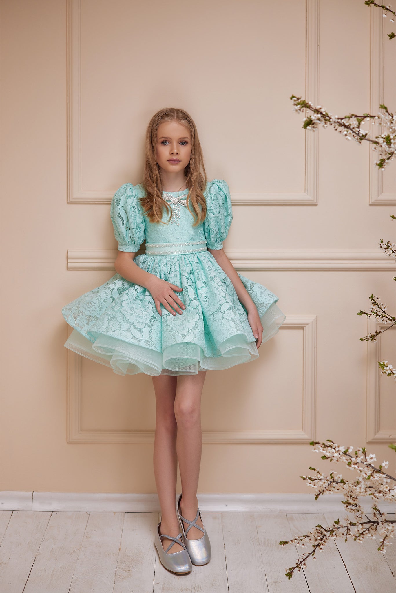 Girls Lace Puff Sleeve Party Dress with Two Style Options | Marelli Exclusive Girls Lace Puff Sleeve Party Dress with Two Style Options | Marelli Exclusive