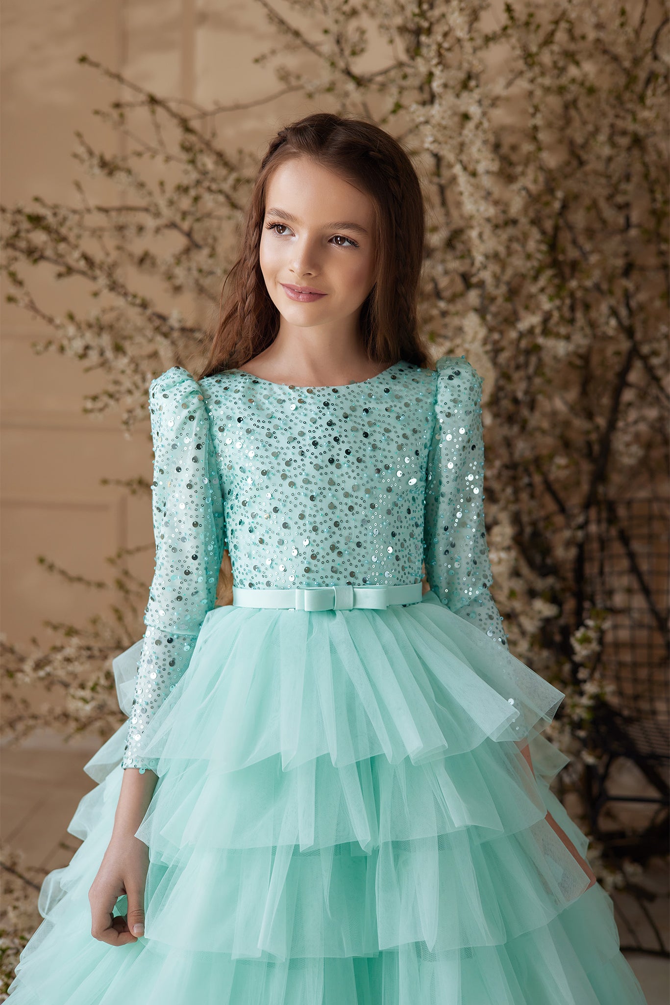 girls full length tiered ruffle gown with embellished bodice in long sleeve high neckline or one shoulder asymmetric style | Girls Formal Dress
