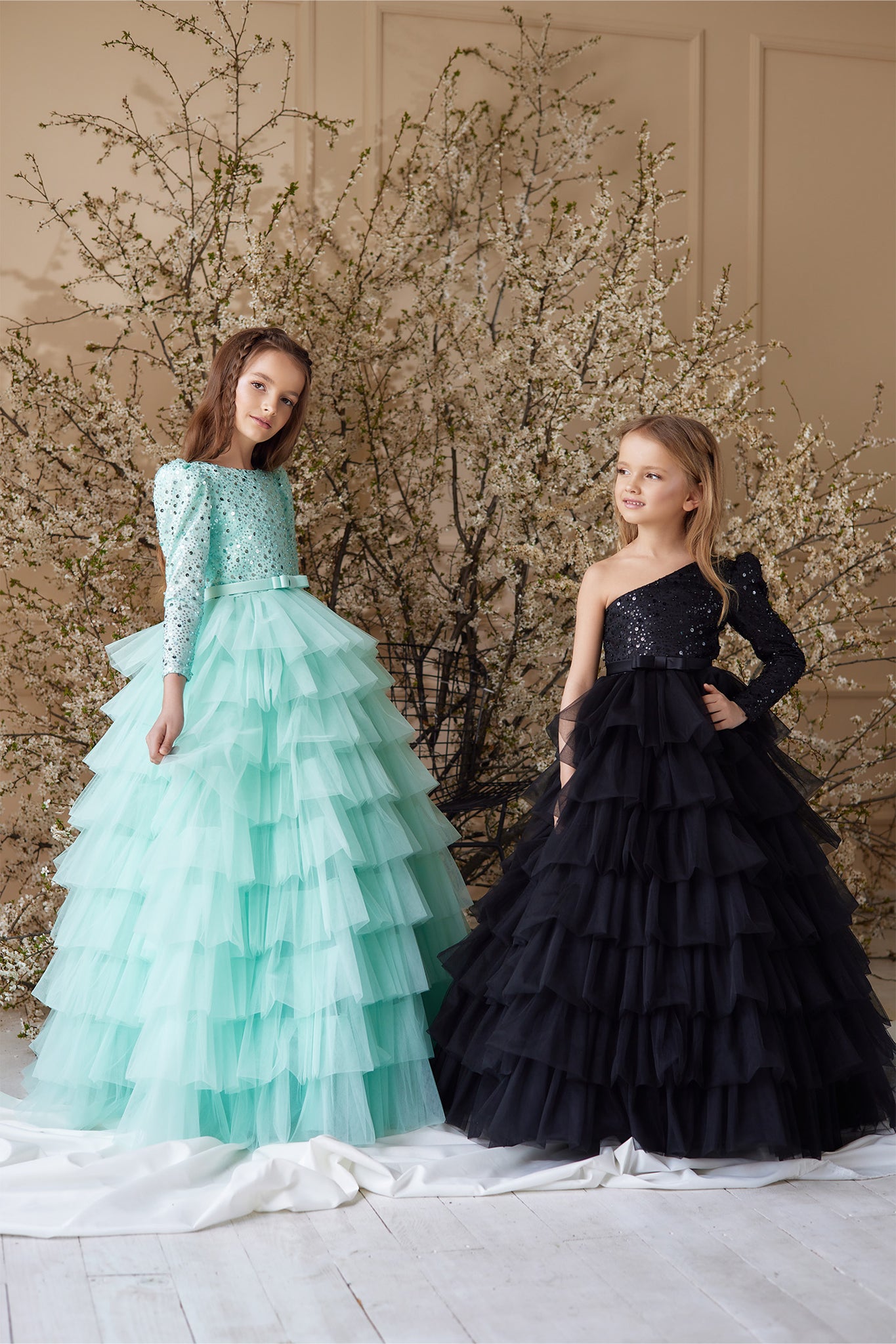 girls full length tiered ruffle gown with embellished bodice in long sleeve high neckline or one shoulder asymmetric style | Girls Formal Dress
