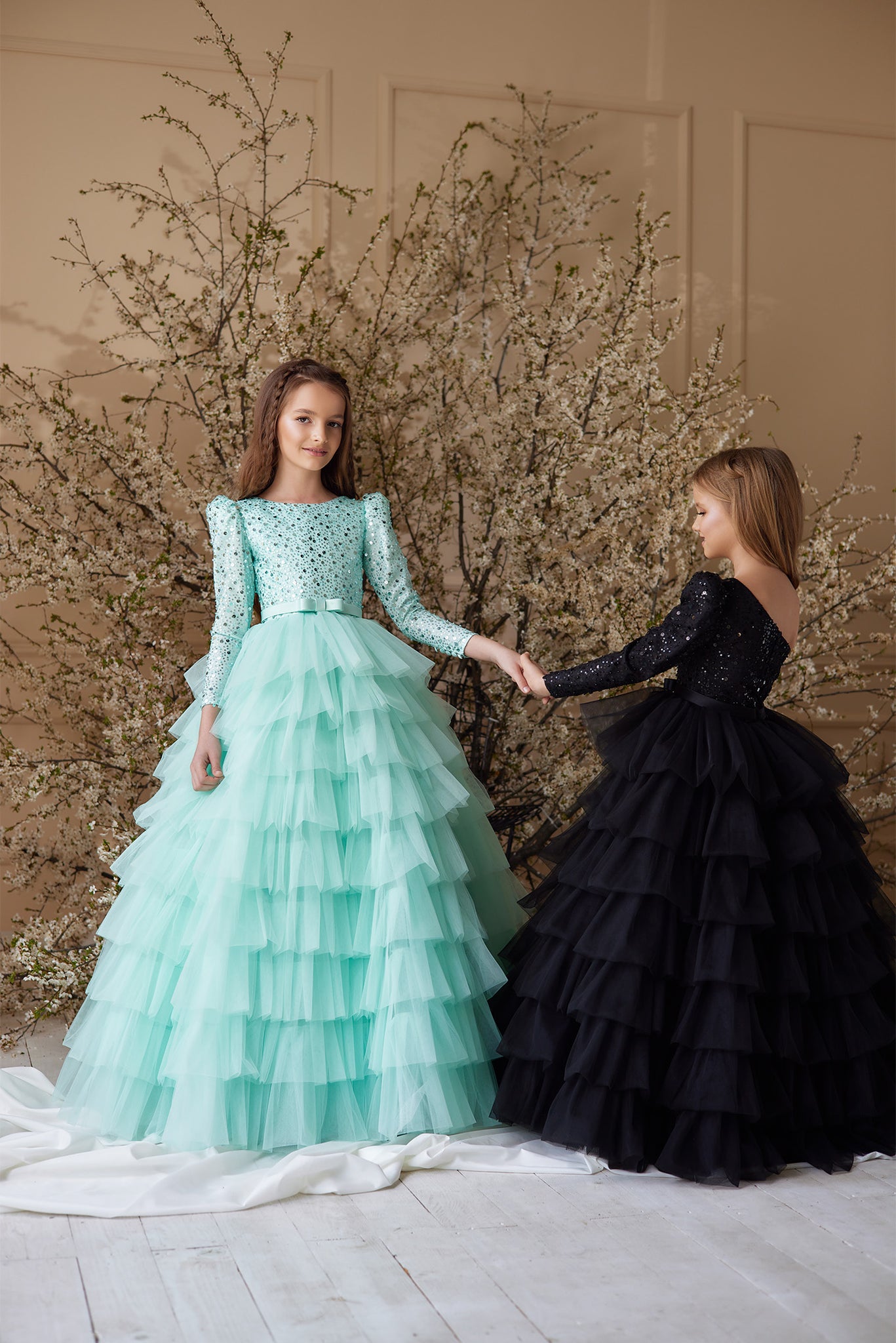 girls full length tiered ruffle gown with embellished bodice in long sleeve high neckline or one shoulder asymmetric style | Girls Formal Dress