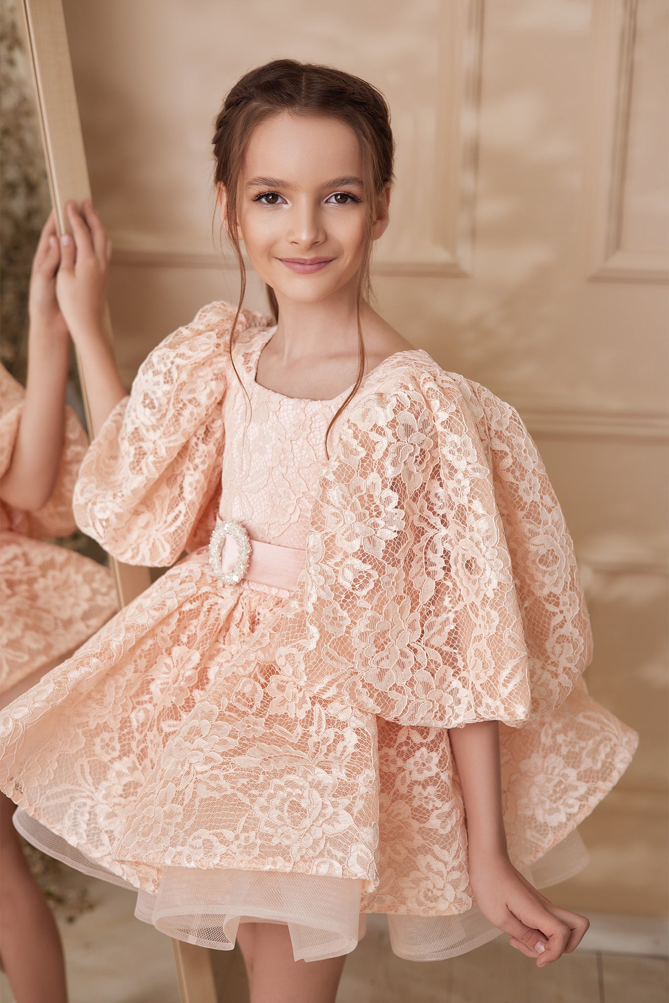 Short lace dress with layered skirt, available with bow shoulder details or long puff sleeves, oversized bow back or waistband | Girls Formal Dress