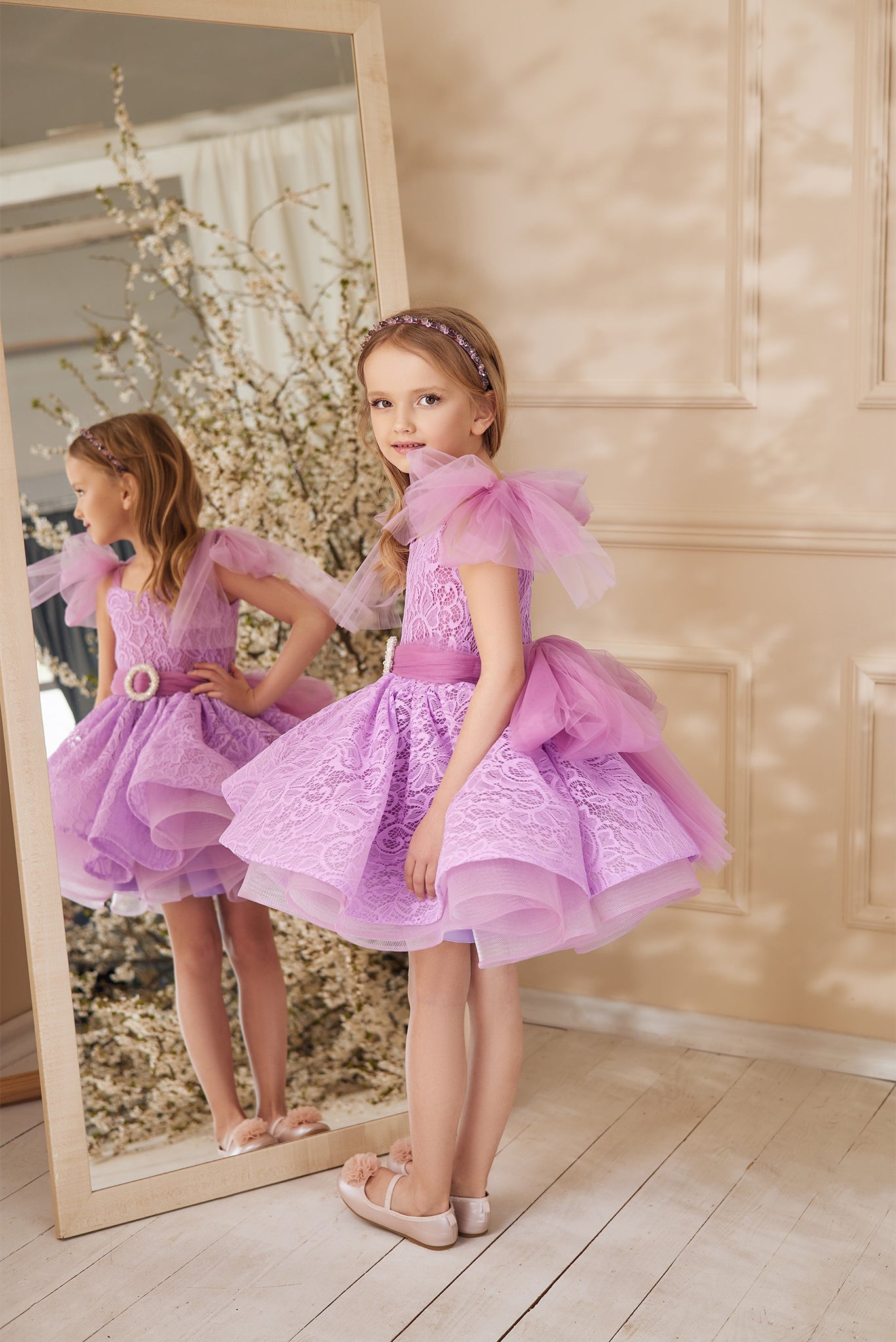 Short lace dress with layered skirt, available with bow shoulder details or long puff sleeves, oversized bow back or waistband | Girls Formal Dress