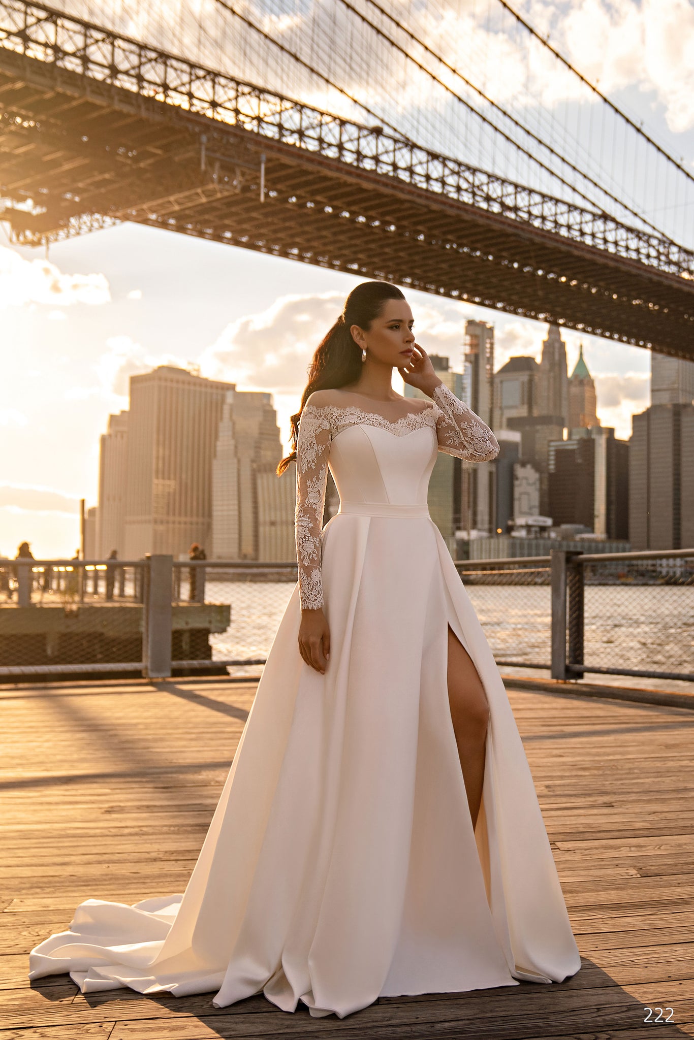 Elegant Off-the-Shoulder Wedding Dress with Lace Sleeves & Slit
