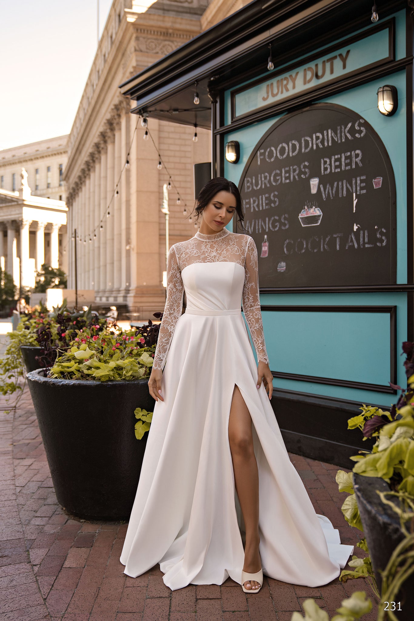 lace illusion wedding dress Beaded Lace Illusion Neck Organza A-line Chic Wedding Gown