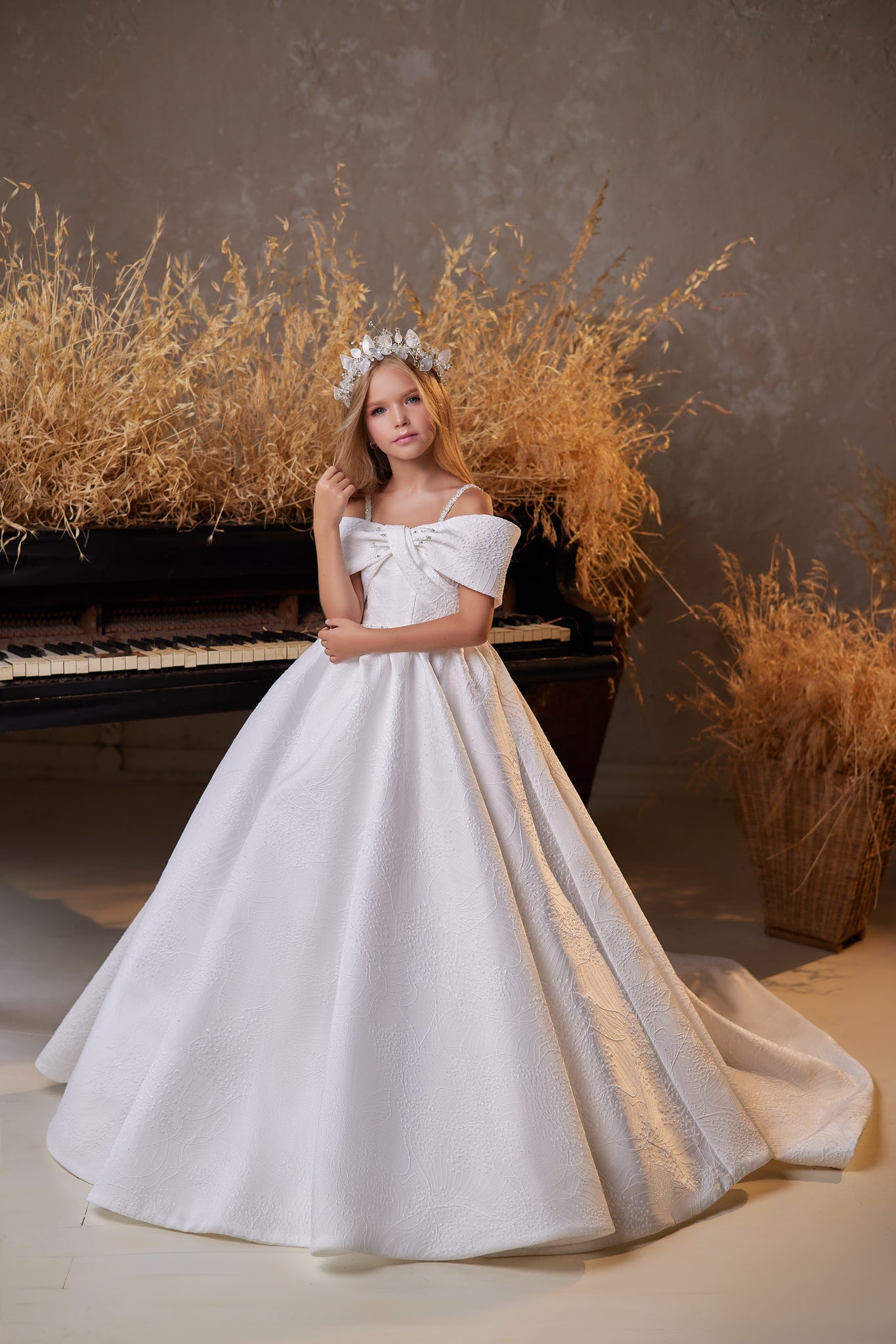 celestial dress formal Pentelei 3630 Celestial Beauty in Satin: Exquisite Textured Ballgown with Off-the-Shoulder Sleeves and Crystal Stripes – Marelli Exclusive