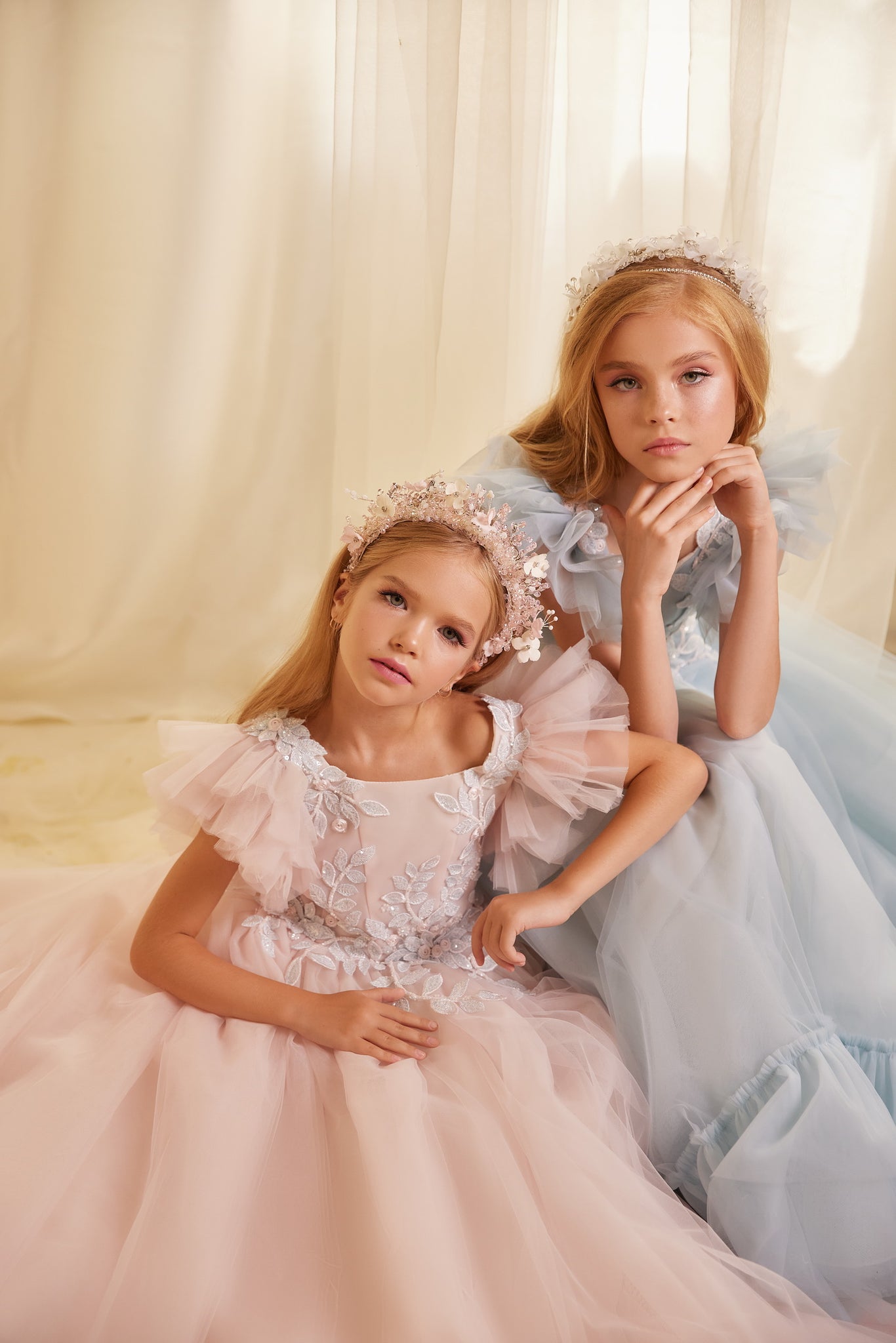 Pentelei 3632 whimsical sophistication: understated bodice, lace leaves, and cascading chiffon layers for young girls | Girls Formal Dress