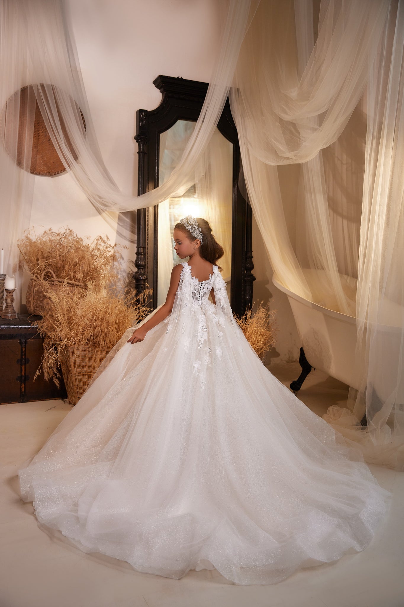Pentelei 3635 celestial allure in chiffon: sleeveless ball gown with blooms, silver threads, and a voluminous train | Girls Formal Dress