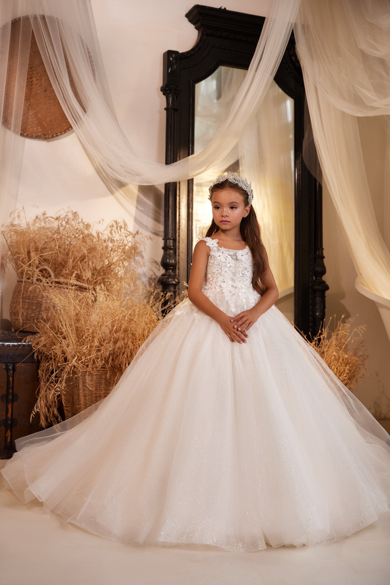 Pentelei 3635 celestial allure in chiffon: sleeveless ball gown with blooms, silver threads, and a voluminous train | Girls Formal Dress