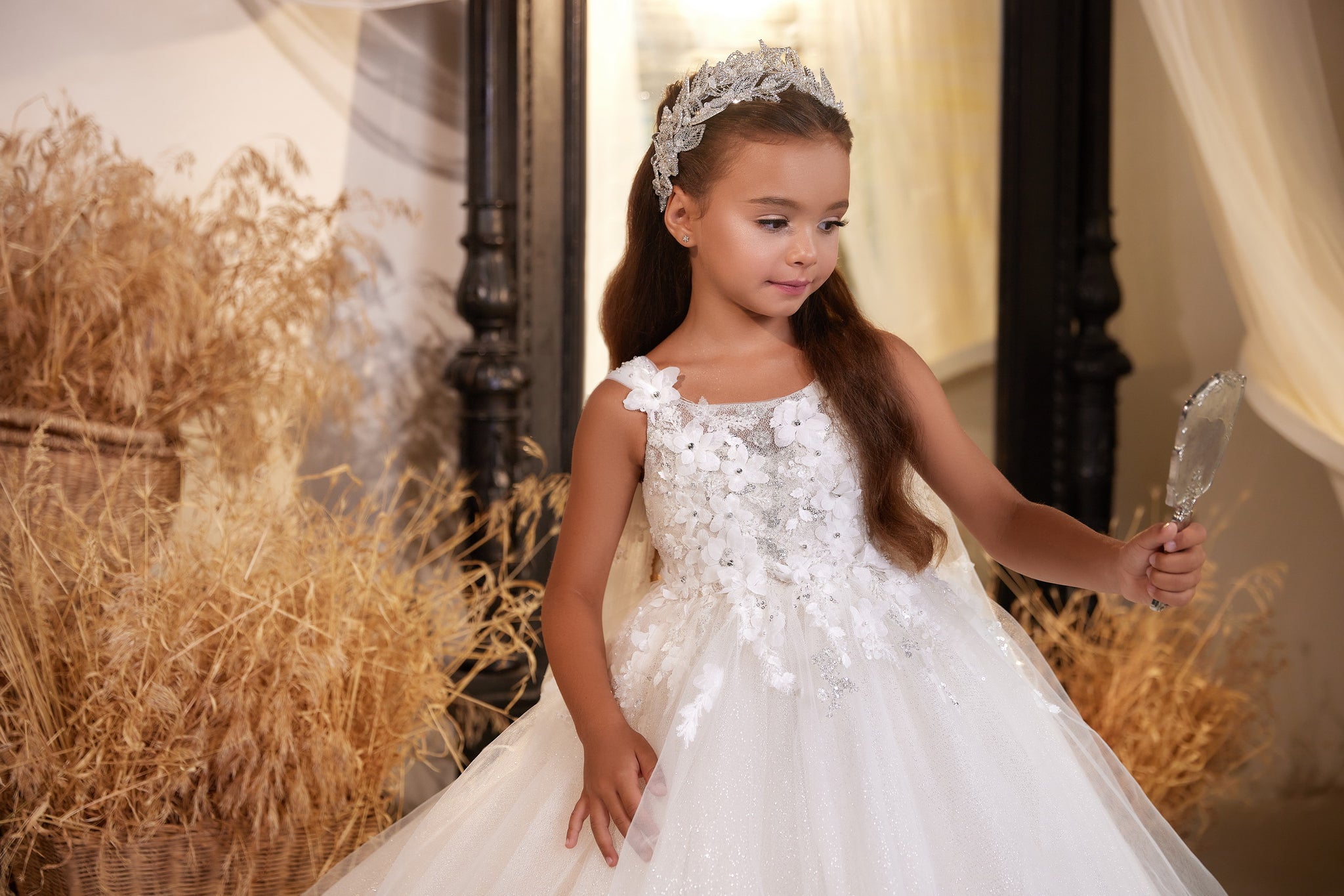 Pentelei 3635 celestial allure in chiffon: sleeveless ball gown with blooms, silver threads, and a voluminous train | Girls Formal Dress