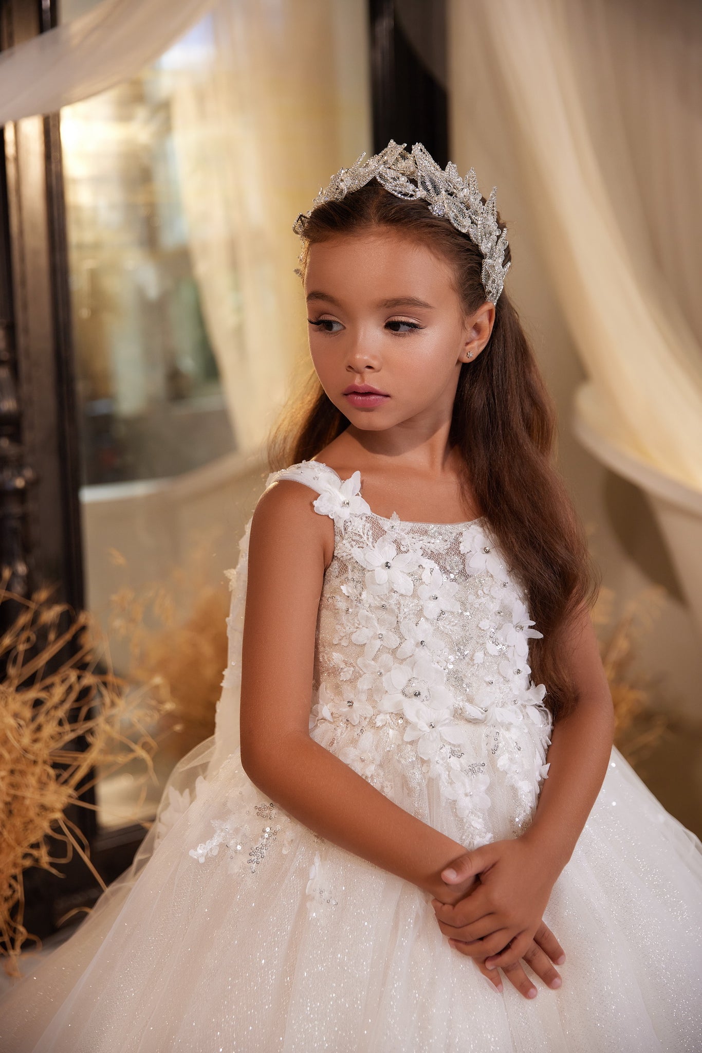 Pentelei 3635 Celestial Allure in Chiffon: Sleeveless Ball Gown with Blooms, Silver Threads, and A Voluminous Train Custom Plus Size (+$80) / Ivory